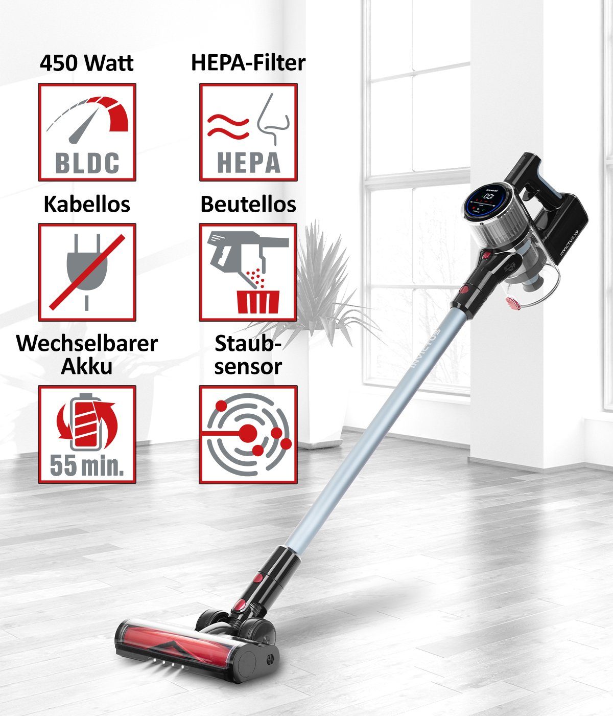 Genius Akku-Hand-und Stielstaubsauger Invictus X9 Facelift Kabellos 12-tlg., Akkustaubsauger Kabellos, 380 W, Beutellos HEPA 3 Fach Filtersystem, LED Wandhalterung bis zu 55 Min für Hartböden Teppich Tierhaare