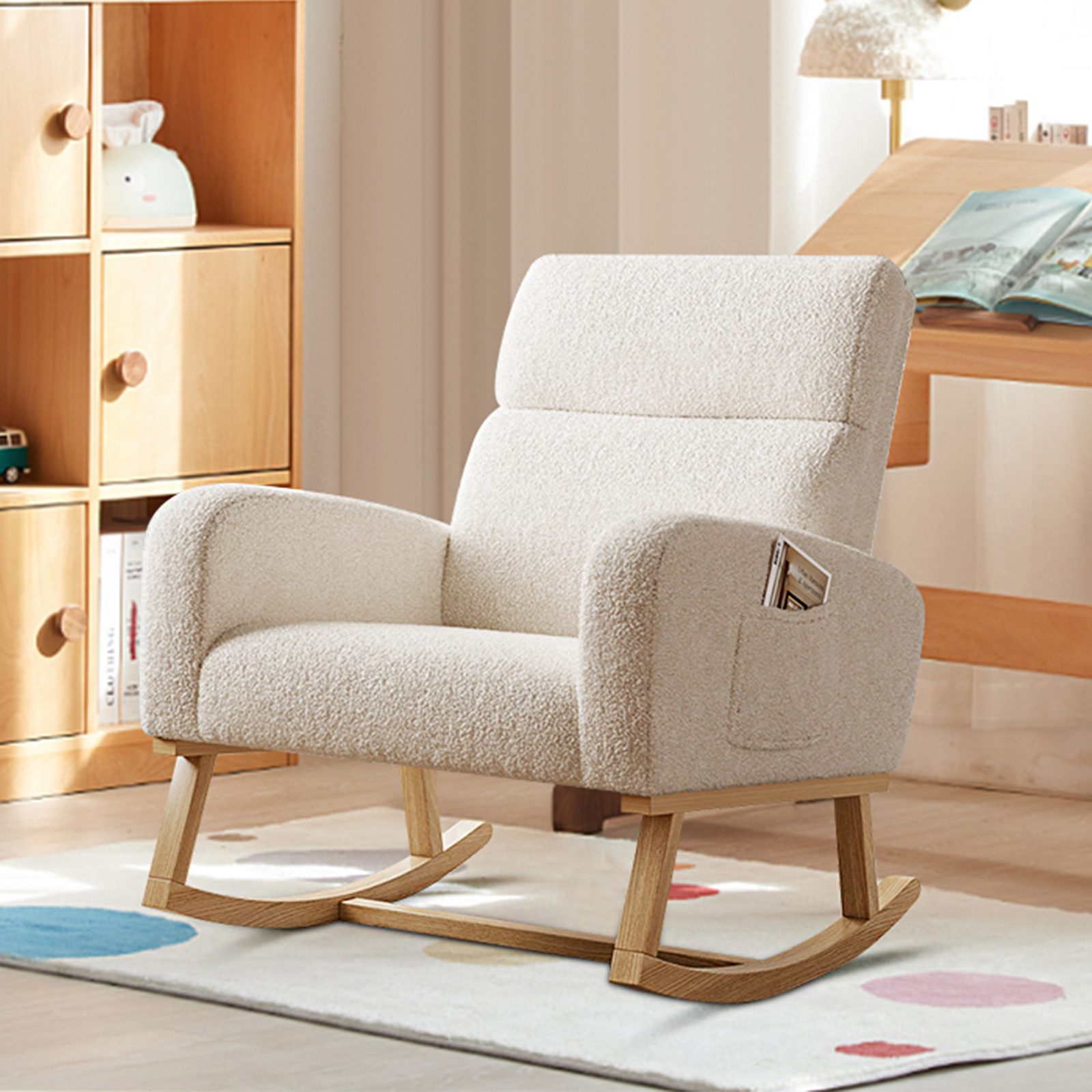 FUROKOY Schaukelsessel Schaukelstuhl mit Massivholzfüßen, für Schlafzimmer (Set, 1-St), 2 Seitentaschen,Teddystoff,Weiß