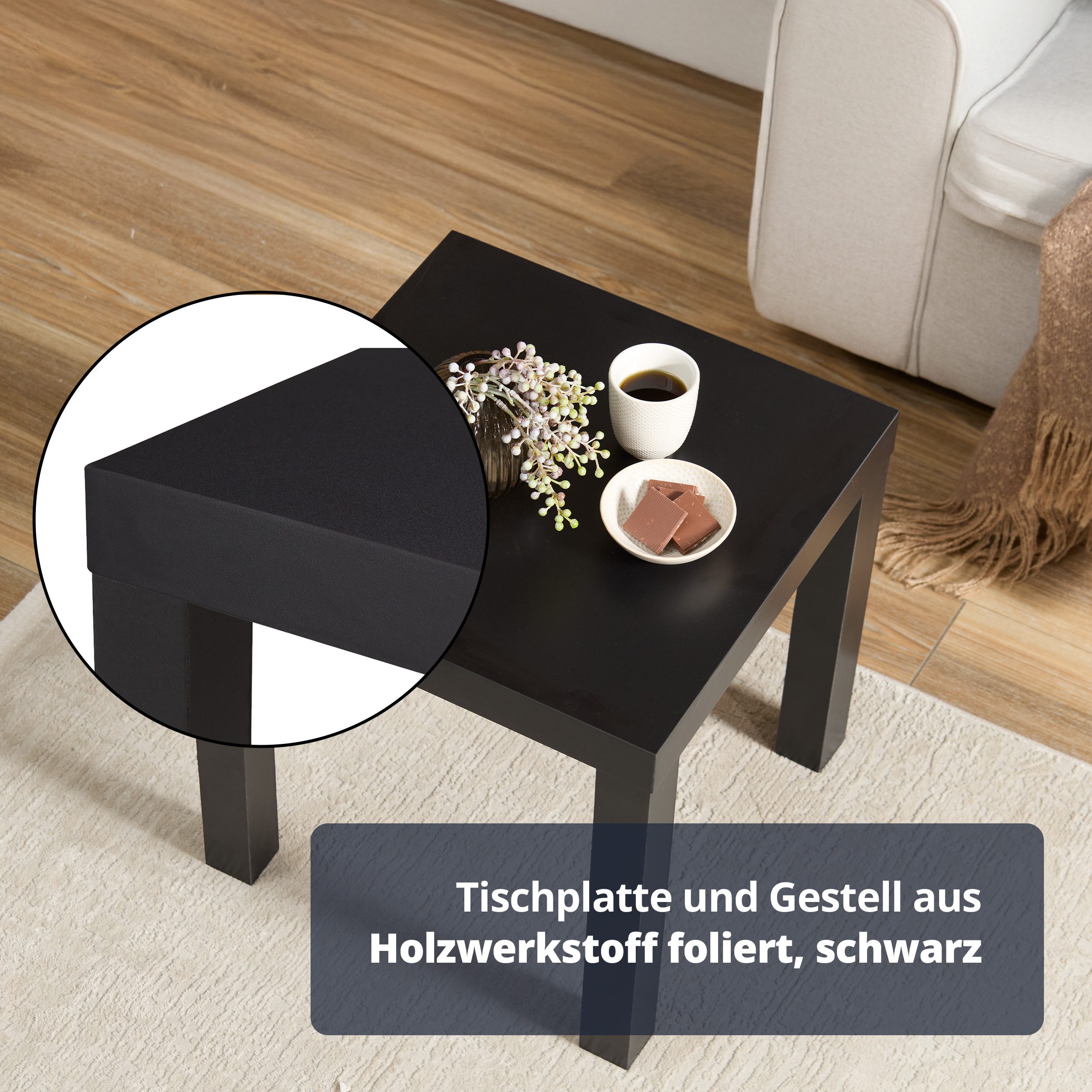 KHG Beistelltisch kleiner Couchtisch quadratisch, Nachttisch Schwarz (Holzwerkstoff foliert, 5 kg belastbar, 45x45x45 cm, pflegeleicht, ideal für Wohn- und Schl – Bild 5 von 5