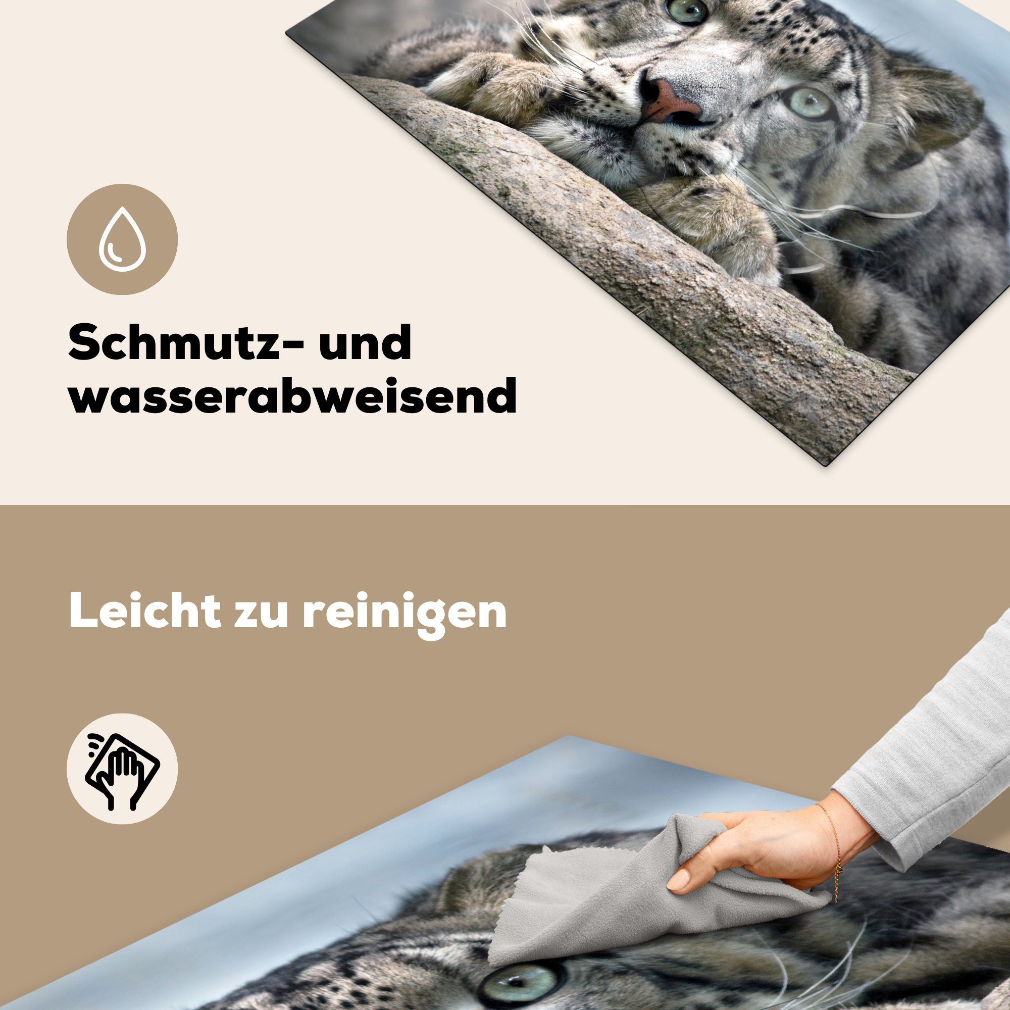 MuchoWow Herdblende-/Abdeckplatte Schneeleopard Schutz Induktionskochfeld - tlg), cm, (1 für küche, Ceranfeldabdeckung Augen, die Stein - Vinyl, 81x52
