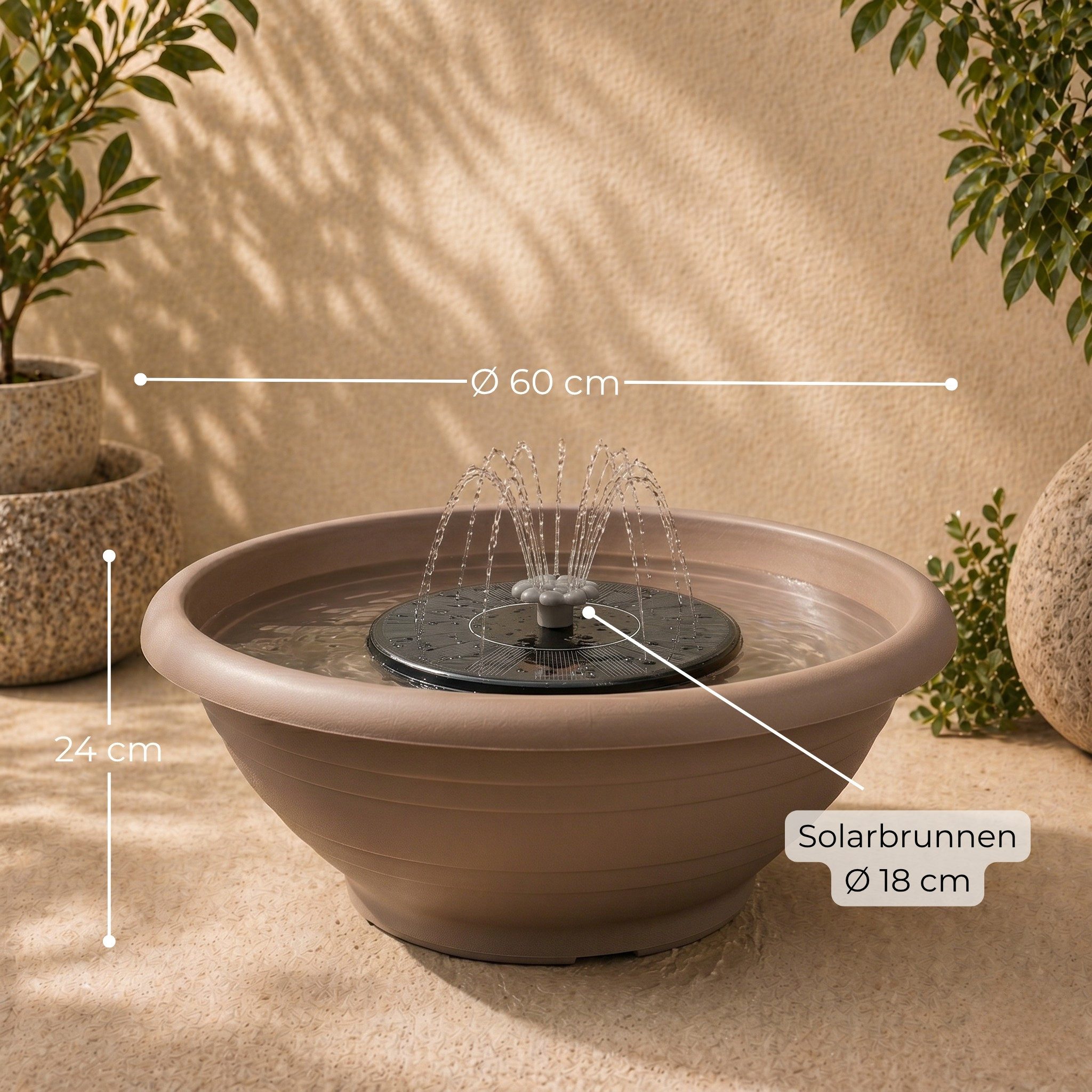 matches21 HOME & HOBBY Wasserspiel Solar Brunnen Set inkl. Akku - 50 cm Schale in grau, (2 tlg), Solar Springbrunnen und Brunnenschale als Gartendeko