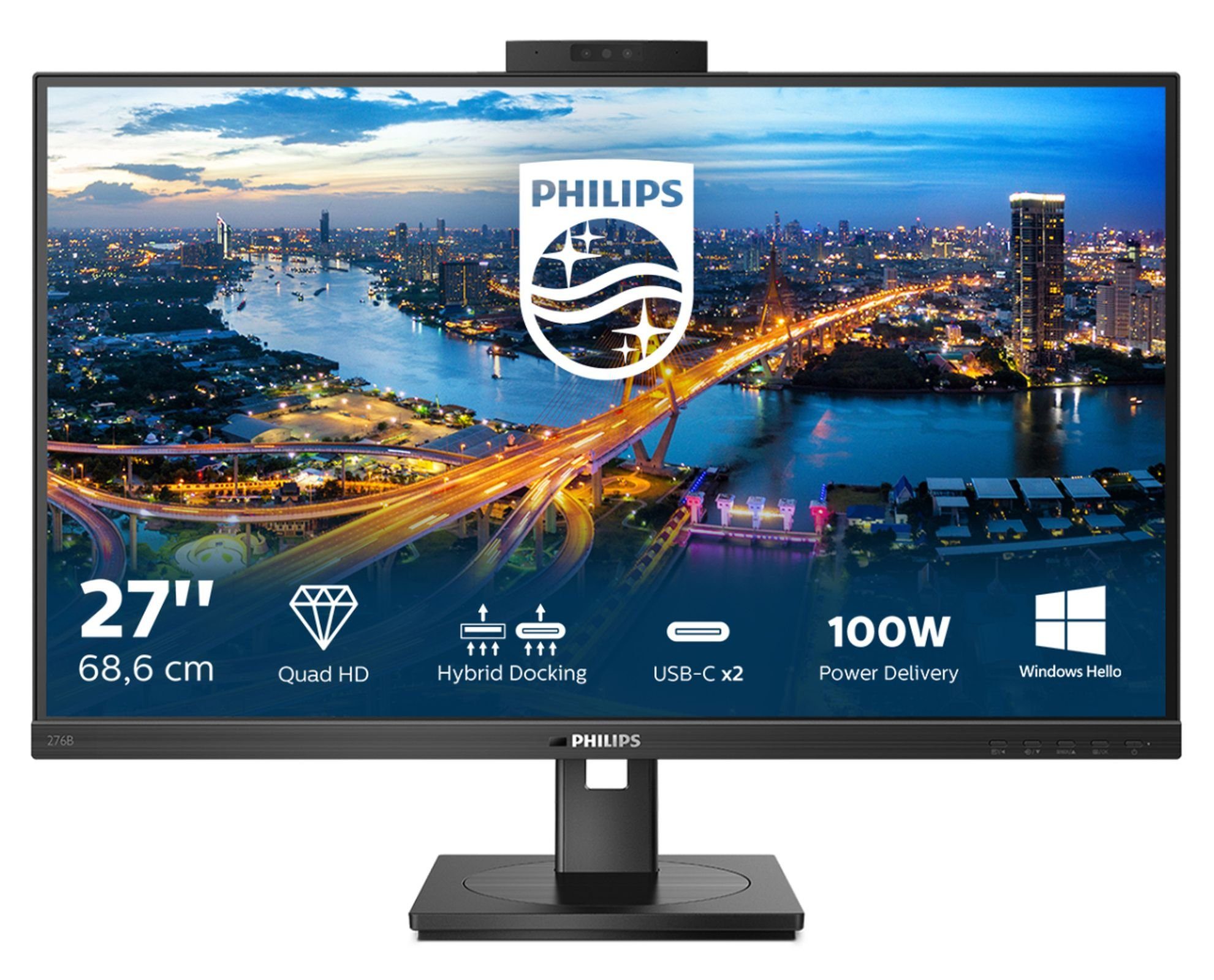 Philips 276B1JH/00 68.6CM 27IN 4MS TFT-Monitor (2560 x 1440 px, Quad HD, 4 ms Reaktionszeit, 75 Hz, IPS, Eingebautes Mikrofon, Kamera, Lautsprecher, HDCP, Höhenverstellbar)