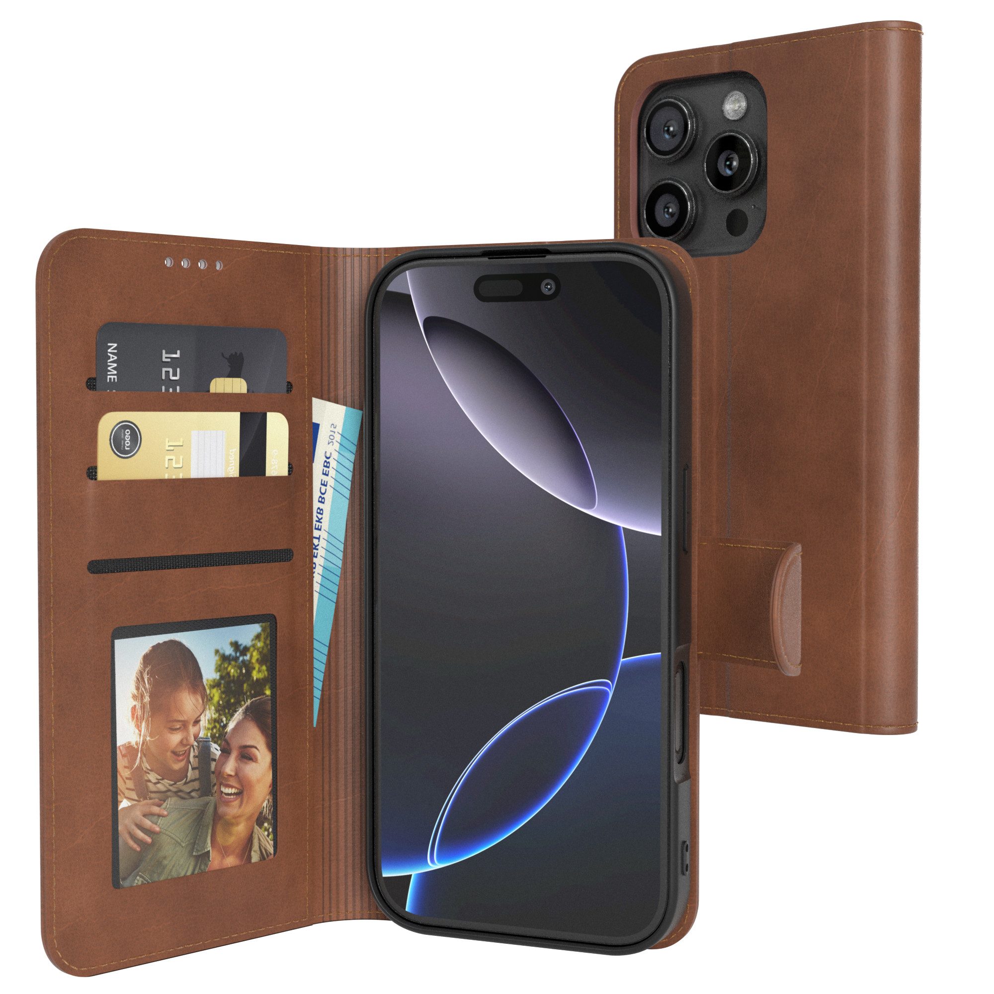 EAZY CASE Handyhülle Business Handyhülle Kartenfächer für iPhone 16 Pro 6,3 Zoll, Handyhülle Flip Case Schutztasche zum Aufstellen Wallet in Dunkelbraun