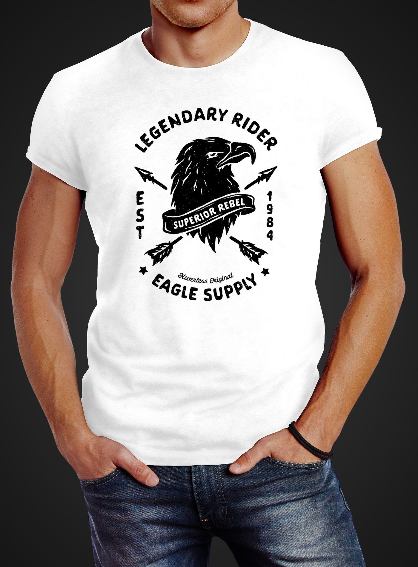 Aufdruck Print Neverless® Slim Print-Shirt Supply Eagle Neverless Fit mit Rider Legendary Herren weiß T-Shirt