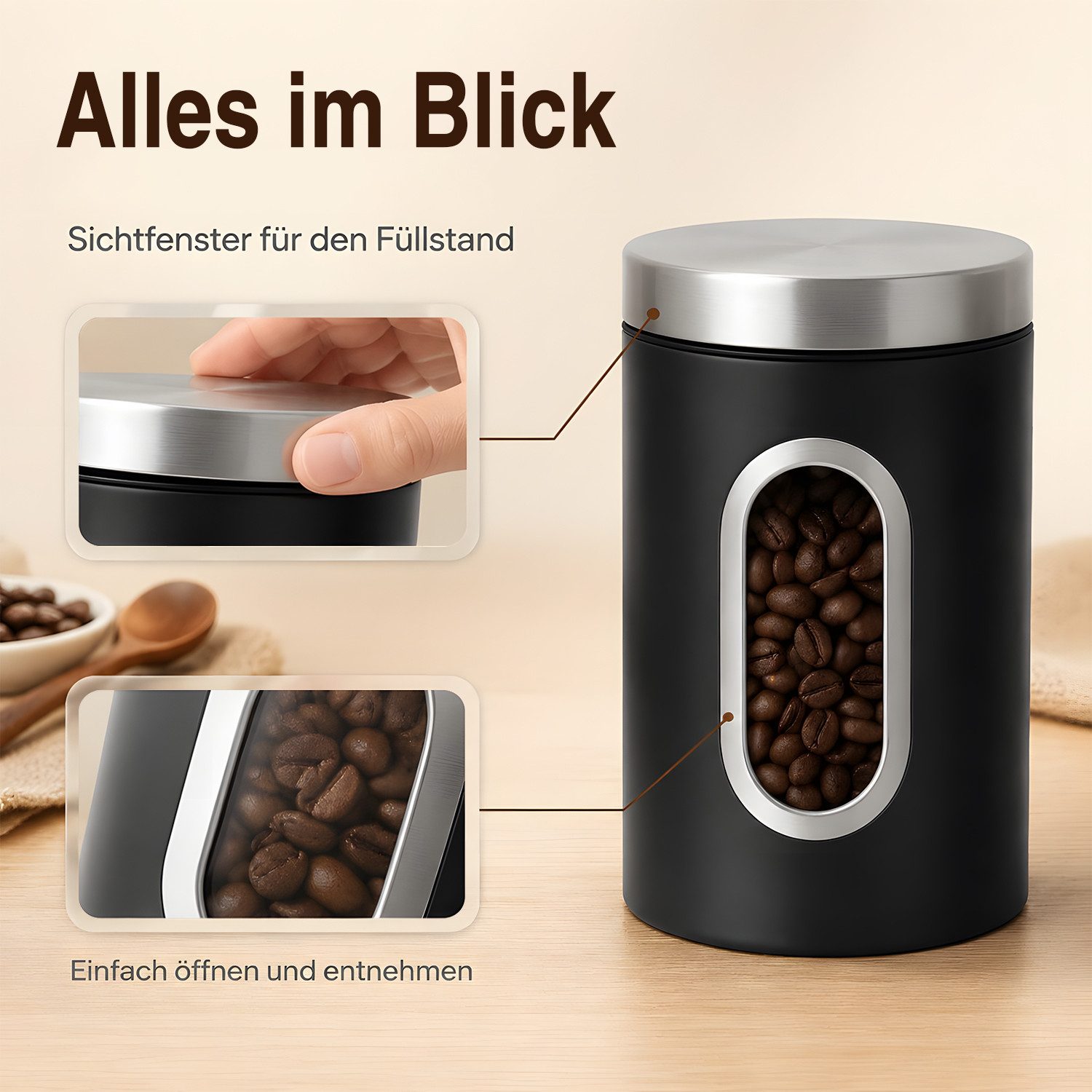 HEYHIPPO Kaffeedose 3er Set Kaffeedosen Edelstahl – luftdicht, mit Sichtfenster, 17,5×11cm, (Set, zur Aufbewahrung von Kaffee, Tee, Zucker, für Küche & Vorrat), – Bild 5 von 5