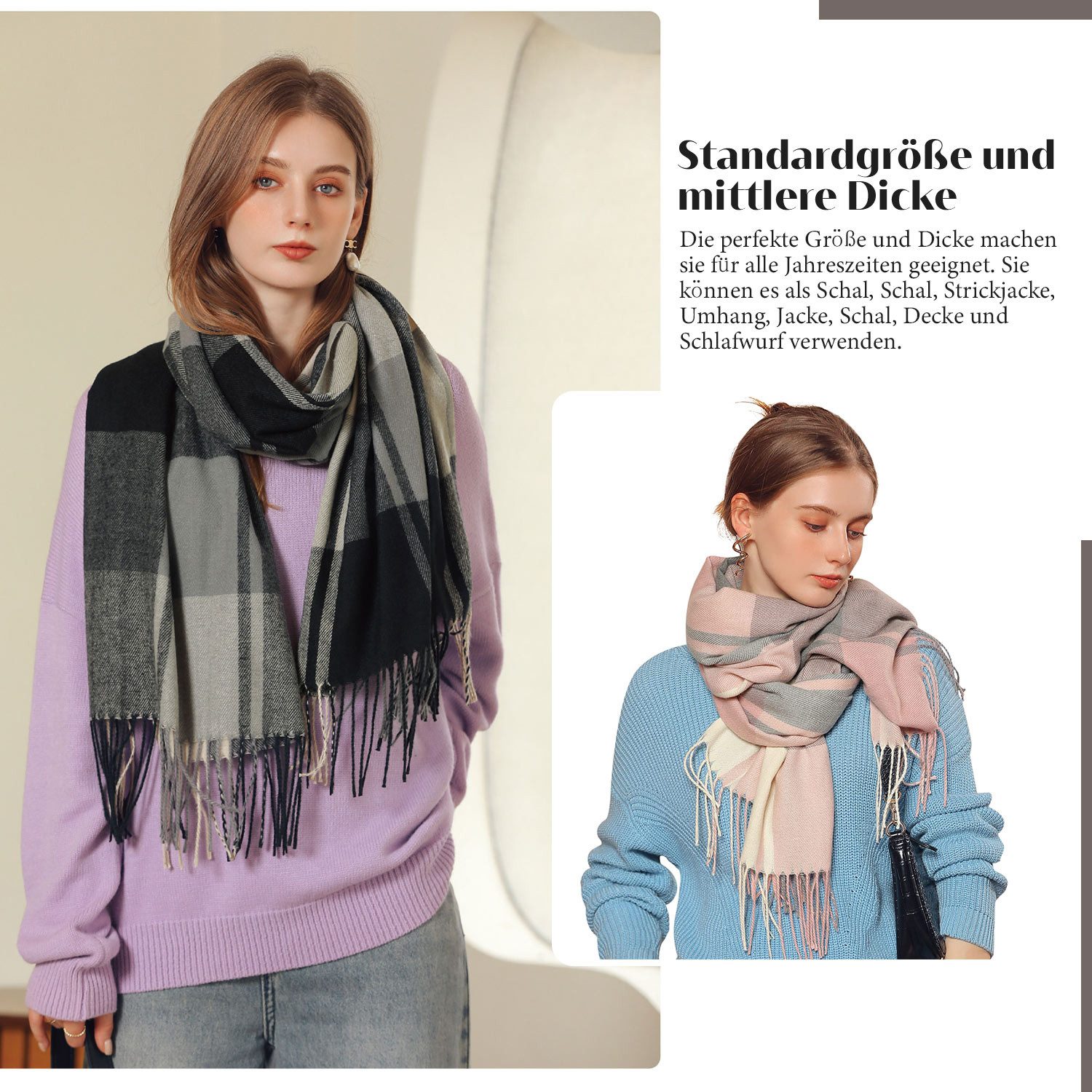 Refttenw Halstuch Damen Winter Kariert Winterschal,Damenschal Mit Quasten,Poncho