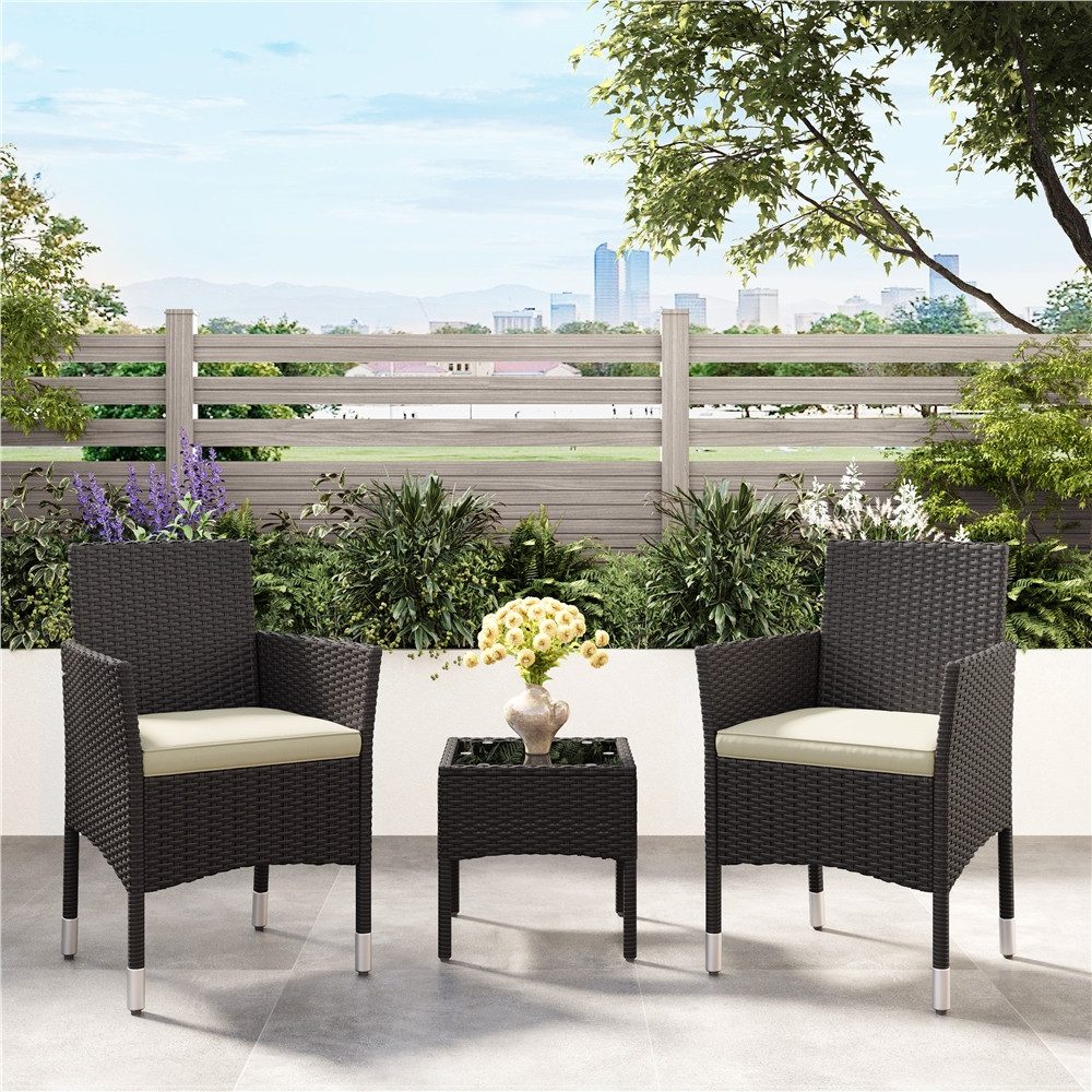 Yaheetech Gartenstuhl 2er-Set Balkonstuhl aus PE-Rattan mit Gepolsterten Kissen, Wetterfester Handgewebter Terrassenstuhl bis 136 kg Belastbar