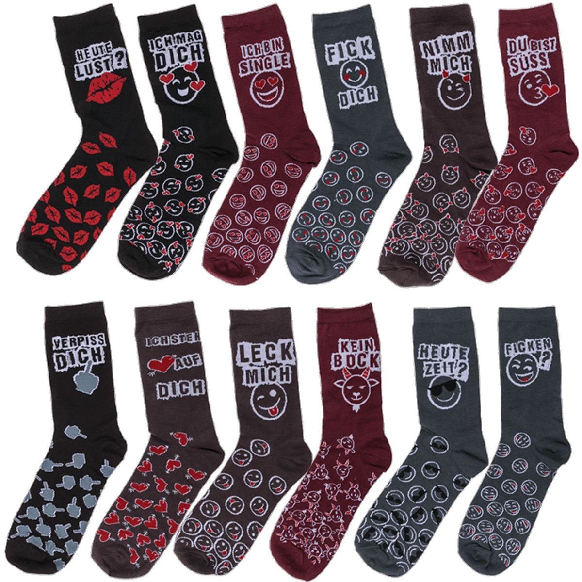 Marabellas Shop Socken 12 Emoji Socken Paare mit lustigen Spruch für