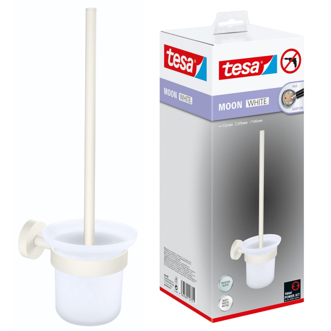 tesa WC-Garnitur MOON Toilettenbürstenhalter ohne Bohren - 37,9 cm : 11,2 cm : 14,5 cm, Badezimmer, Gäste-WC, Wandmontage, (Packung, 1-tlg), selbstklebende WC-Bürste für Wandmontage - weiß