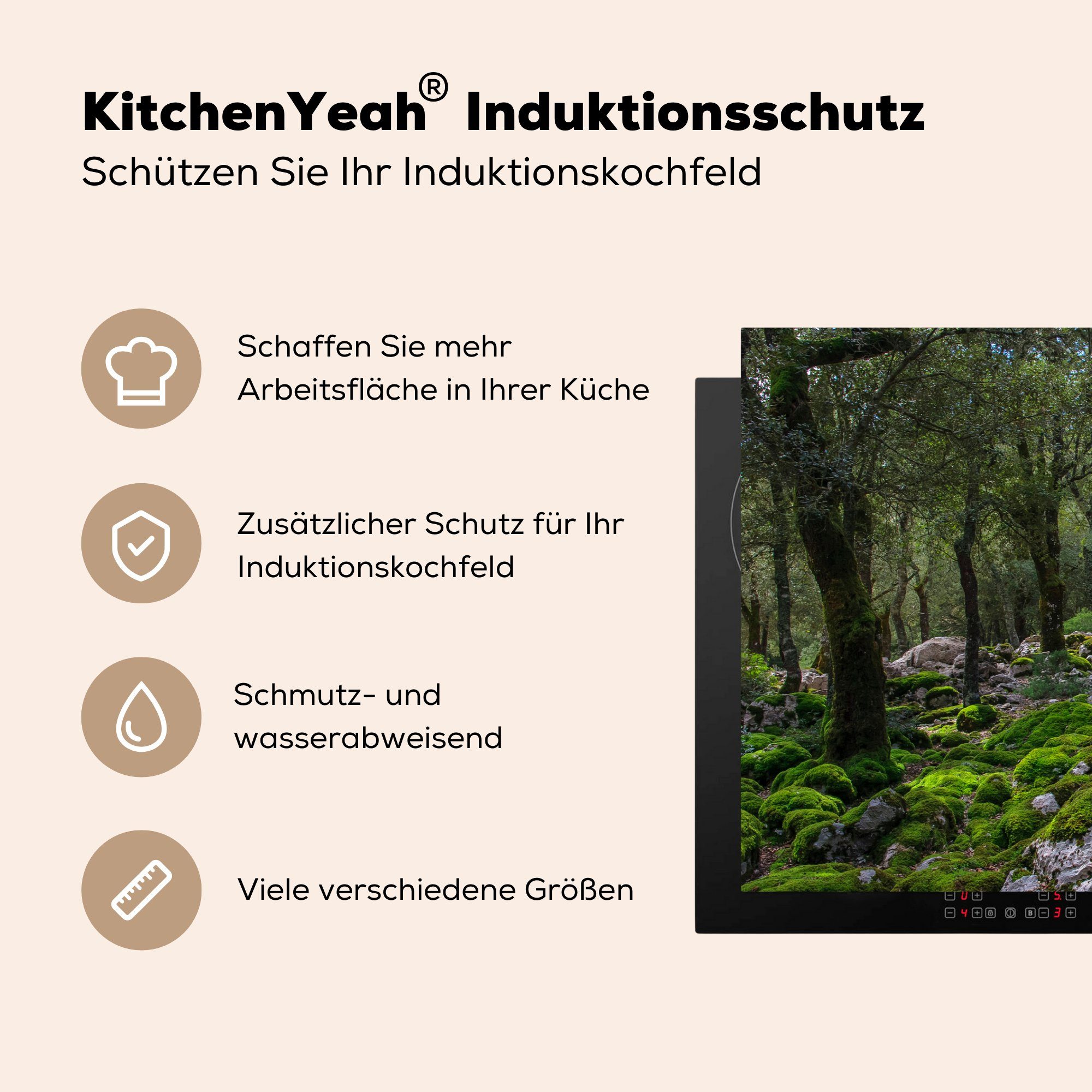 küche, 81x52 Ceranfeldabdeckung einem tlg), Induktionskochfeld in (1 Herdblende-/Abdeckplatte mit Eichen Vinyl, für cm, Schutz moosbewachsenen Steinen, MuchoWow die Wald