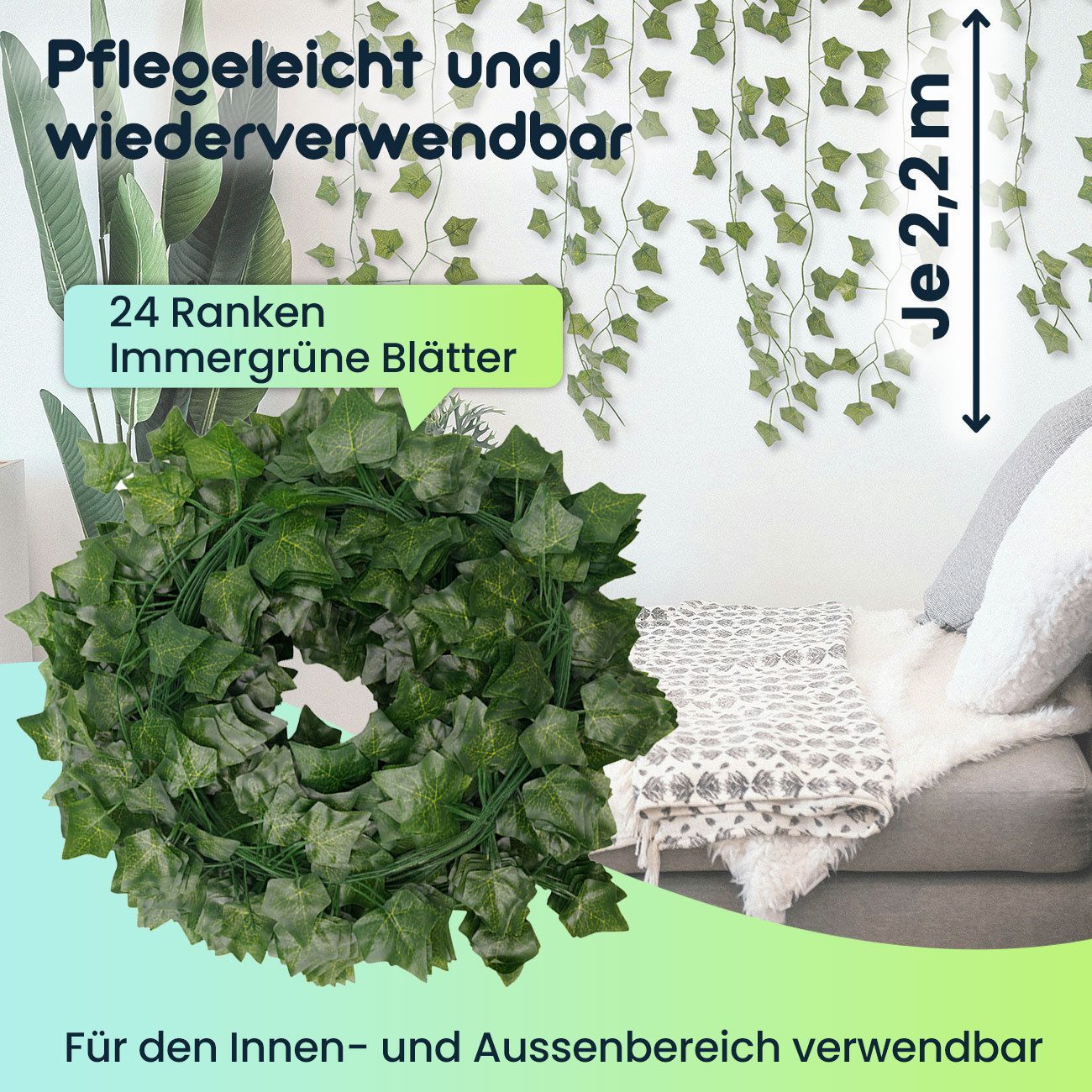 Casativo Girlanden 24er-Set, Kunstoff und Textilfasern, täuschend echt, jeweils 2,2 m Länge und 81 Blätter – Bild 2 von 5