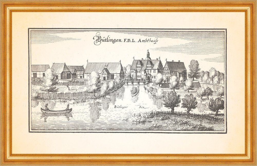 Kunstdruck Bütlingen F.B.L. Ambthauß Bütlinger See Ansicht Kupferstich Merian 037