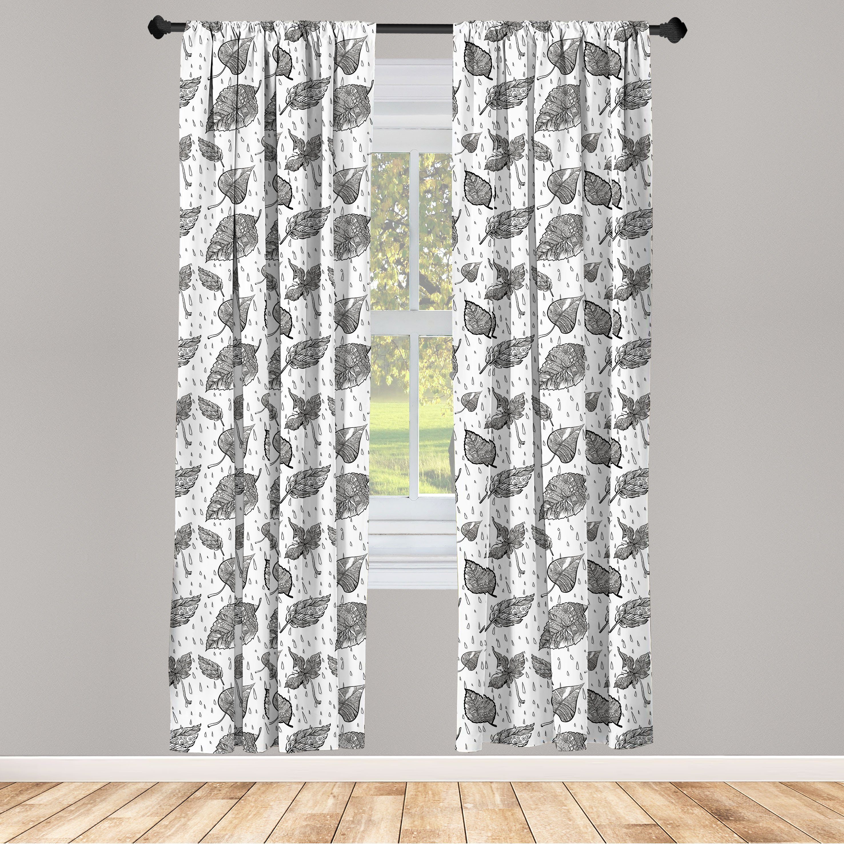 Gardine Vorhang für Wohnzimmer Schlafzimmer Dekor, Abakuhaus, Microfaser, Schwarz und weiß Doodle Laub