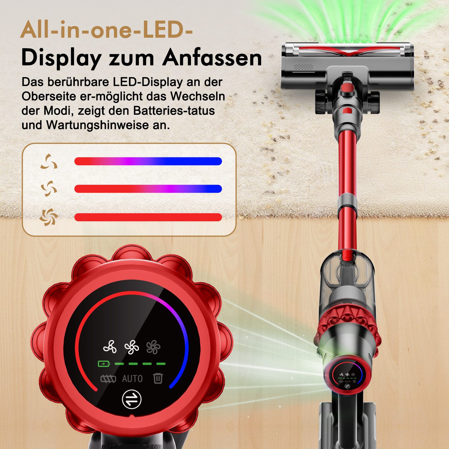 Adormii Akku-Hand-und Stielstaubsauger Akku Staubsauger 80000pa, Staubsauger Kabellos, 70Min/1,8L, beutellos, Smart LED-Display, grünem Licht, für Teppich, Hartböden, Tierhaare