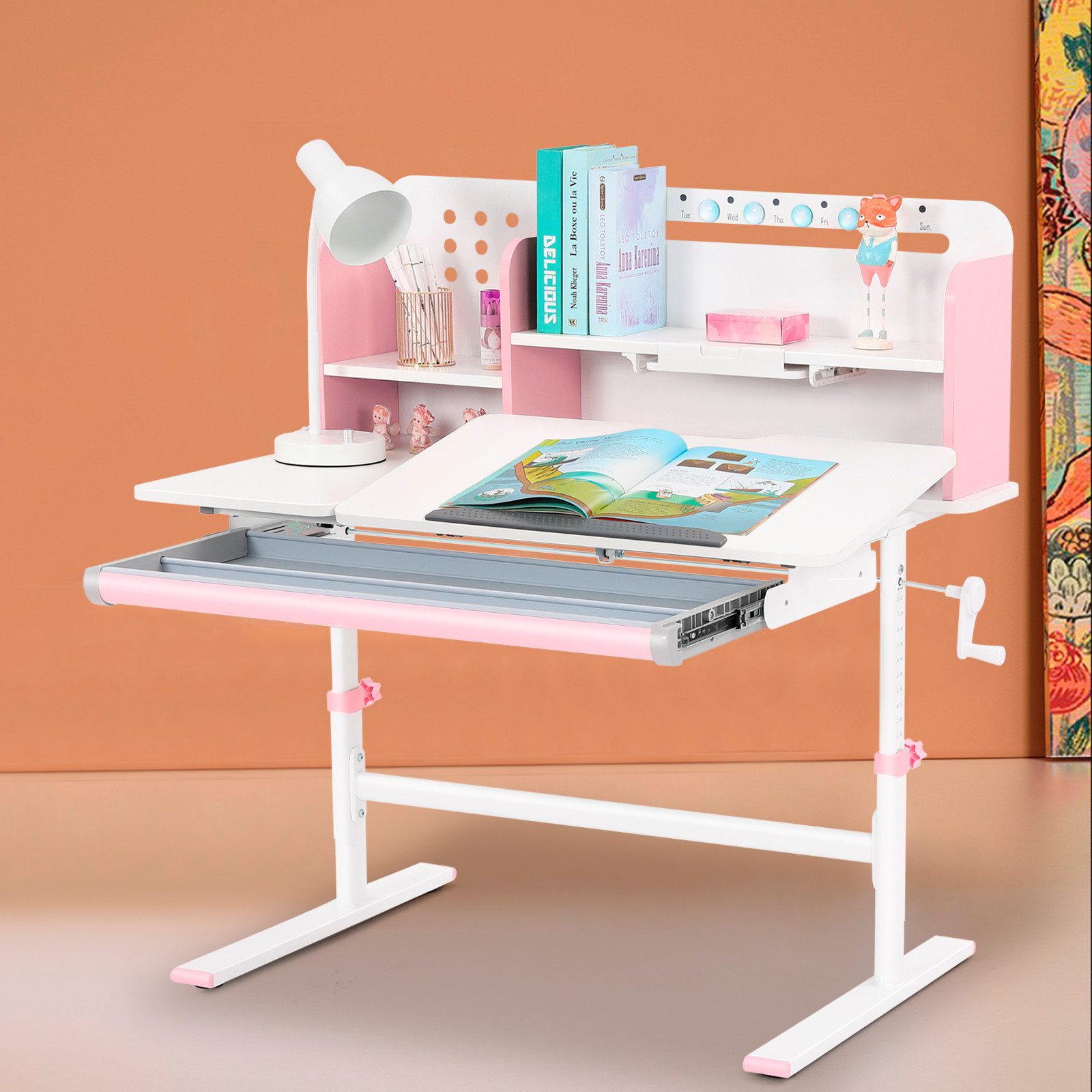 JOYLDIAS Kinderschreibtisch mit Bücherregal, Schubladen und Haken – höhenverstellbar & neigbar (1-St), Studiertisch, Schreibtisch, multifunktionaler Schülerschr – Bild 5 von 5