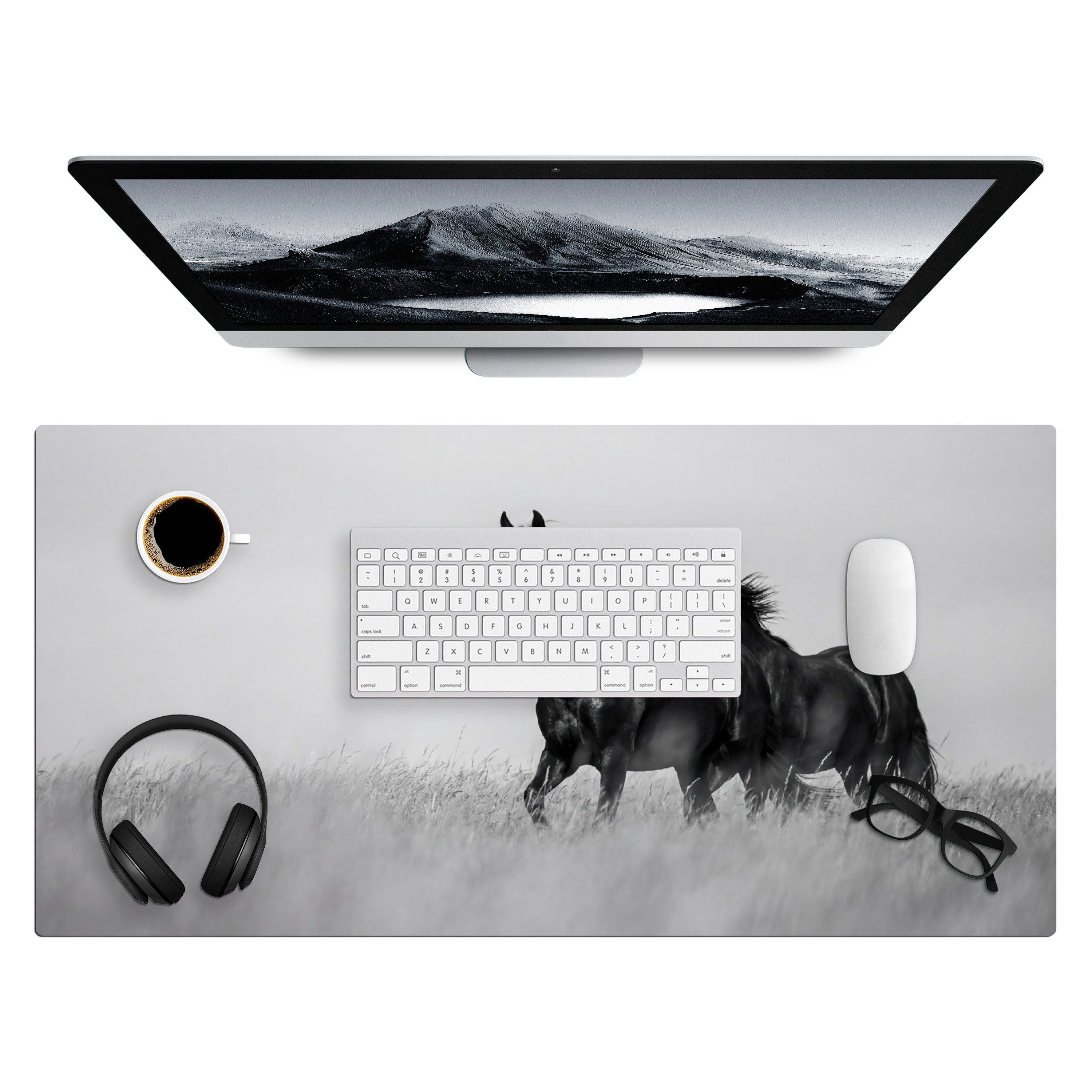 MuchoWow Gaming Mauspad Pferde - Gras - Schwarz - Weiß (1-St), Gaming Mauspad XXL, Schreibtischunterlage, Desk Mat Groß, 80x40 cm