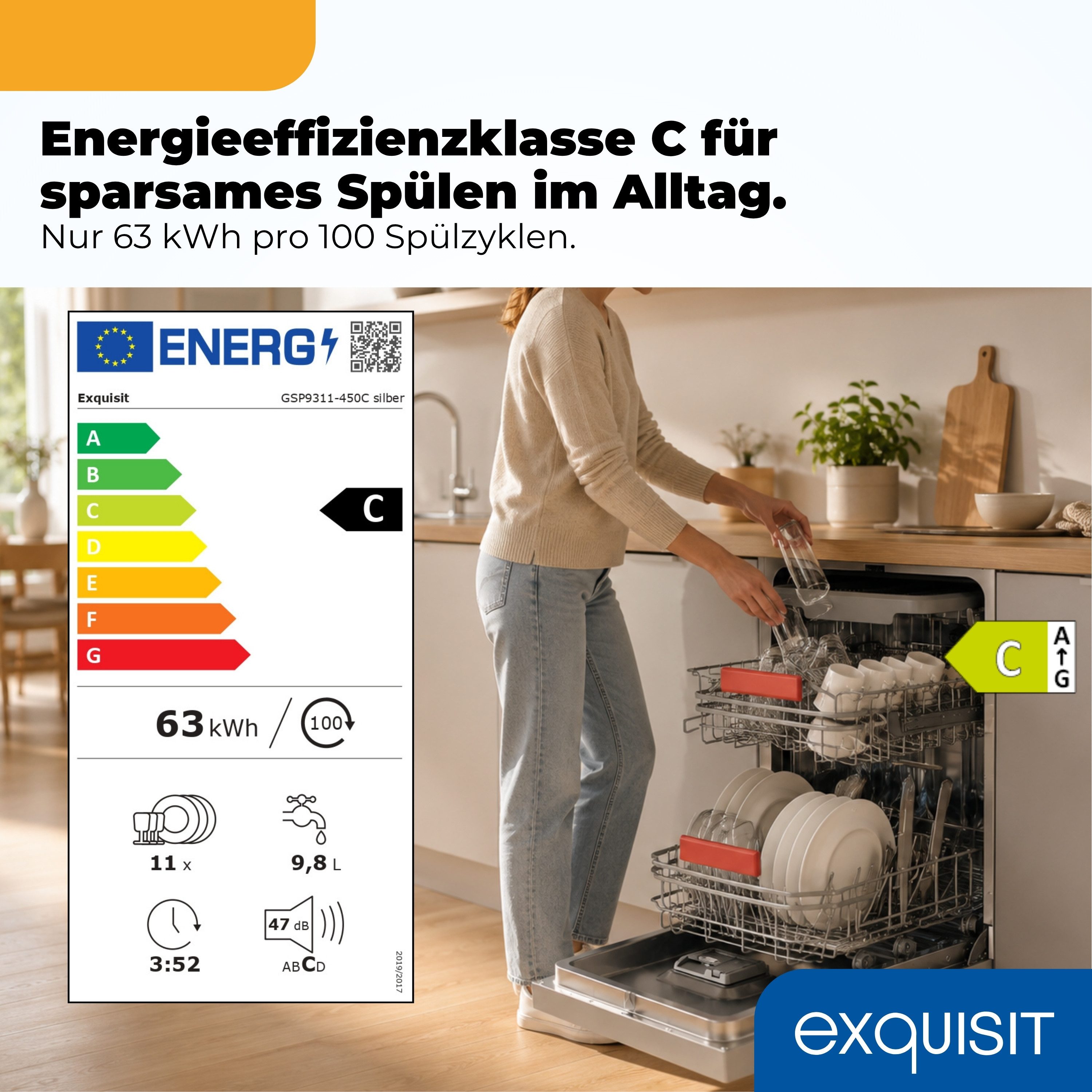 exquisit Standgeschirrspüler 9310 GSP9311-450C silber, 8,3 l, 10 Maßgedecke, 10 Maßgedecke, 7 Programme, LED, Besteckkorb, Auto Door Open, AquaStop