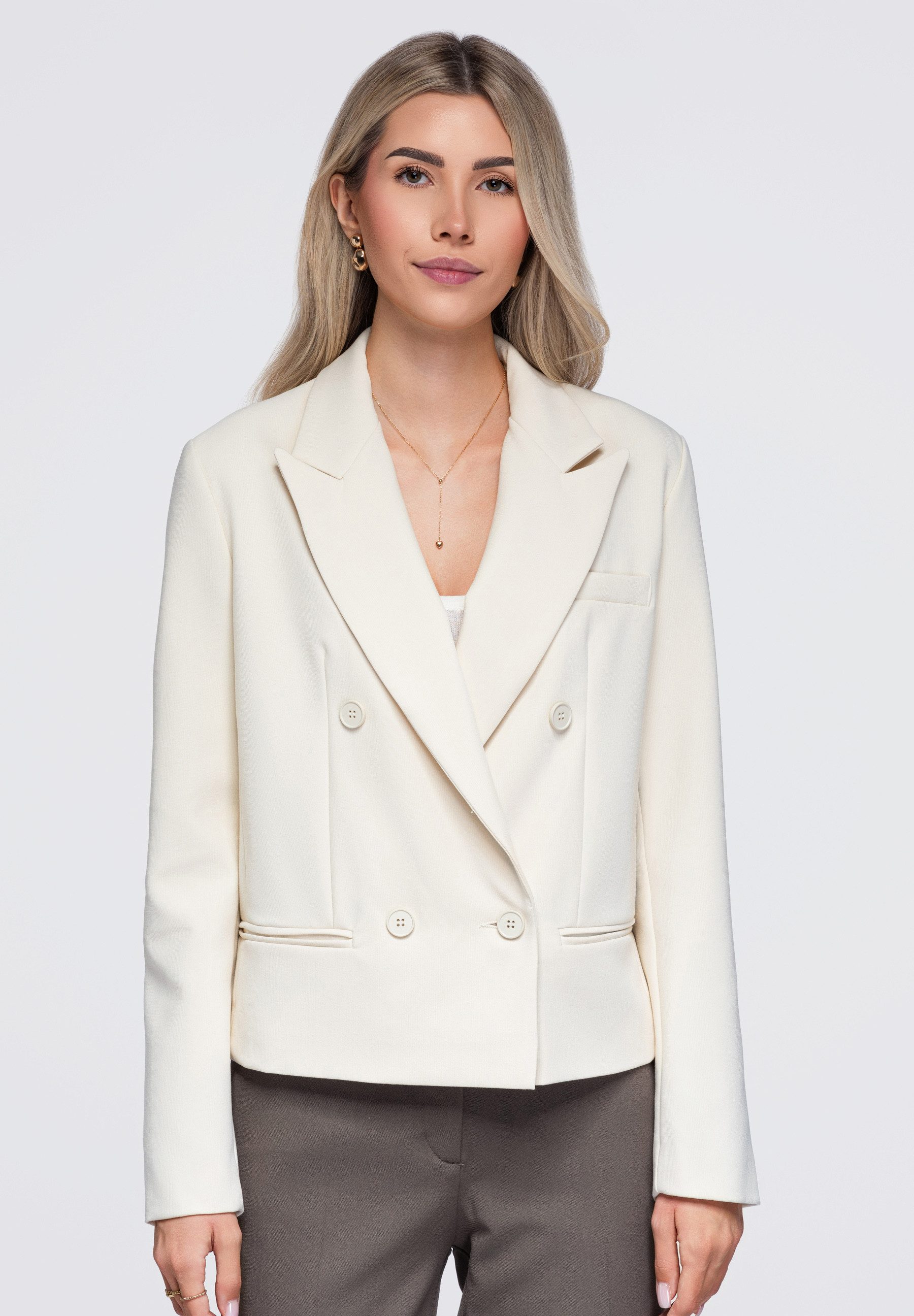 OMBRE Kurzblazer Damen Kurzblazer Slim Fit Elegant mit breitem Revers Ecru XS (kein Set, 1-tlg) in Unifarbe