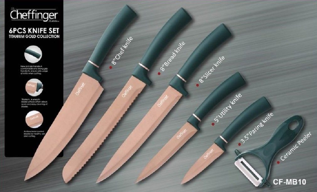 Cheffinger Messer-Set Messer Kochmesser Sparschäler Messerset 6-tlg. Cheffinger CF-MB10 Grün