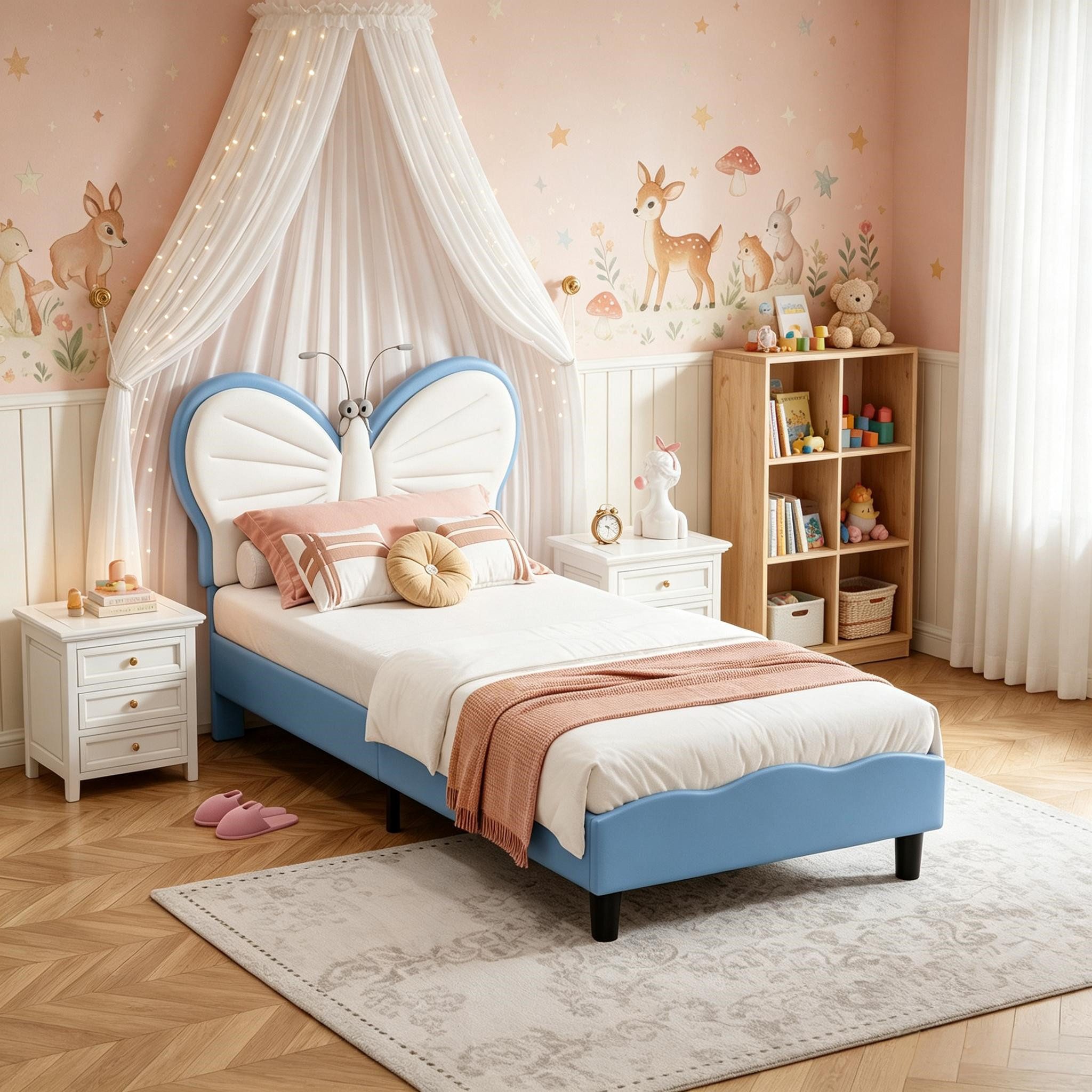 Simurq Einzelbett Kinderbett Einzelbett, höhenverstellbares Samt‑Kopfteil, Leselampe