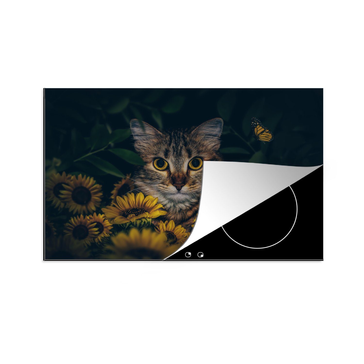 MuchoWow Herdblende-/Abdeckplatte Katze - Gelb - Blumen - Botanisch, Vinyl, (1 tlg), 80x52 cm, Induktionskochfeld Schutz für die küche, Ceranfeldabdeckung