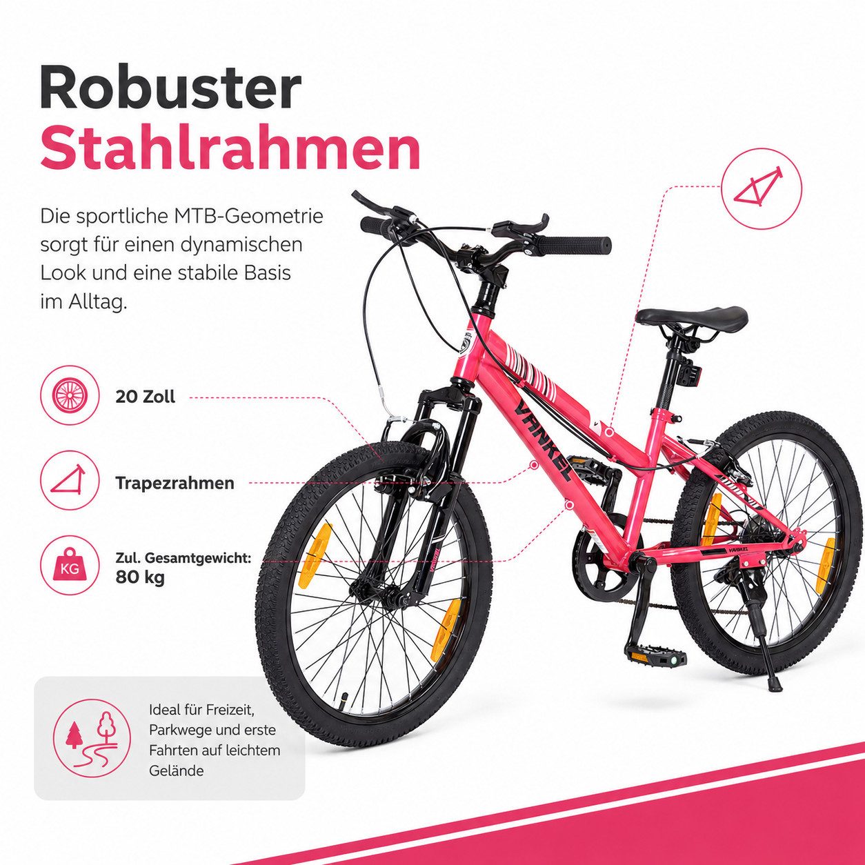 Vankel Kinderfahrrad 20 Zoll, Fahrrad für Kinder, Mountainbike, ab 6 Jahre, 6 Gang, Kettenschaltung, Mit Federgabel, V-Brakes, Reflektoren und Seitenständer