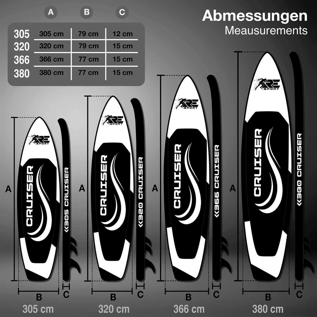 SUP-Board, Board Paddle Set Stand Schwarz (Set), 305/320/366/380cm aufblasbar Up RE:SPORT