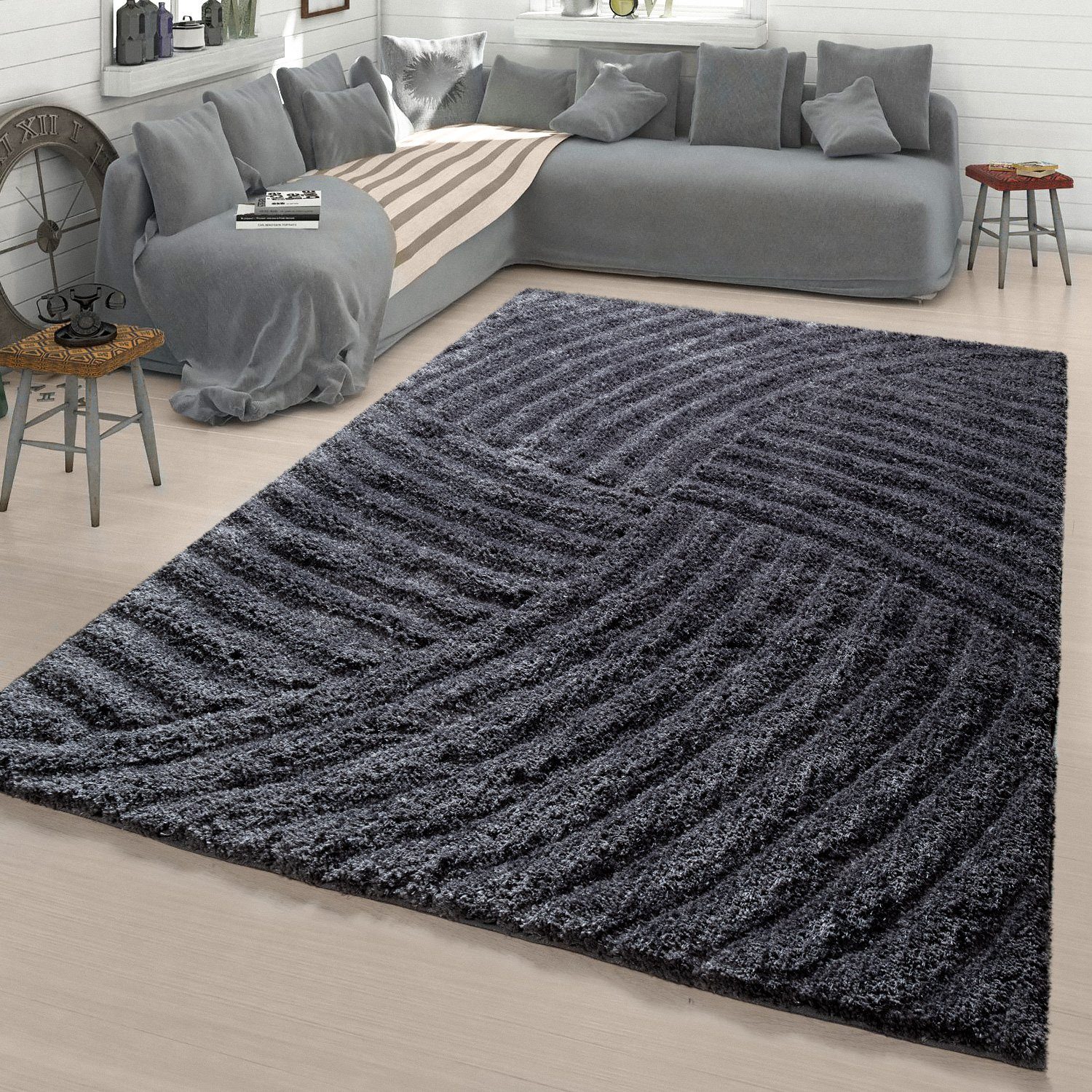 Hochflor-Teppich Wohnzimmer Teppich Shaggy Hochflor Wellen Muster  Handgetuftet In Grau, TT Home, rechteckig, Höhe: 34 mm