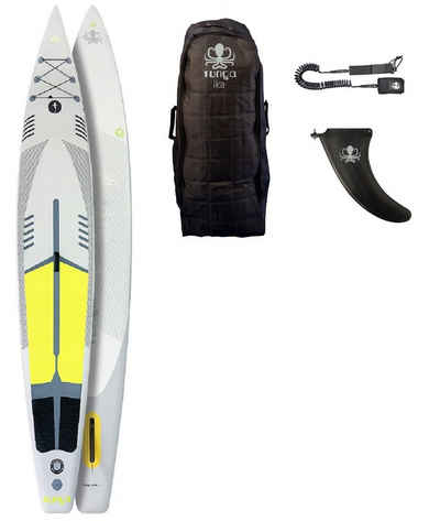 Runga-Boards Inflatable SUP-Board MAKO RACE AIR 14.0 Stand Up Paddling SUP iSUP, (Set 1, mit gepolsterten Trolley-Rucksack, Center-Finne und Coiled-Leash)