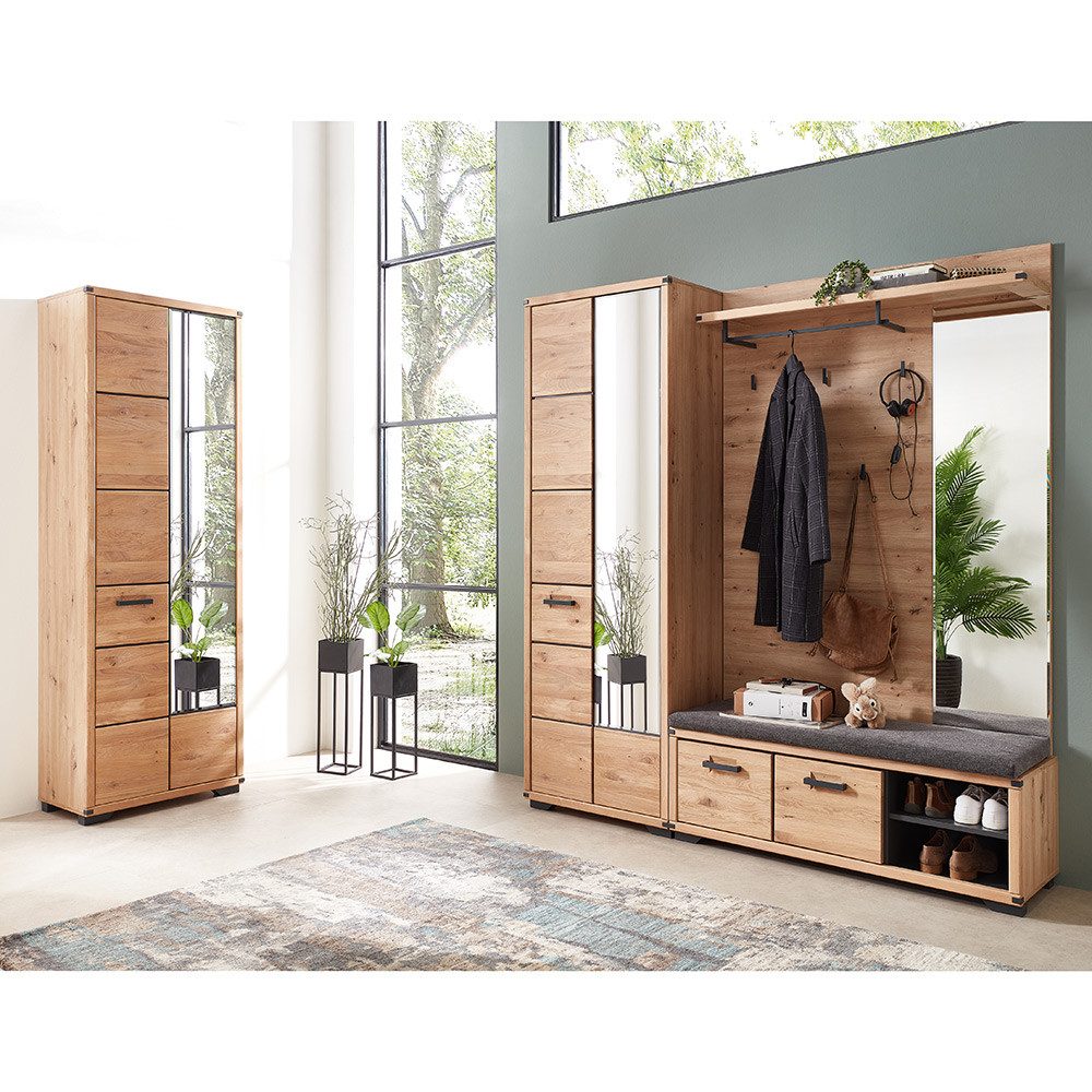 Lomadox Garderoben-Set GRADO-36, (Spar-Set, 4-St., Hochschränke Sitzbank Gardrobenpaneel), Flurmöbel Set Flurschrank Kleiderhaken Schuhbank modern in Eiche