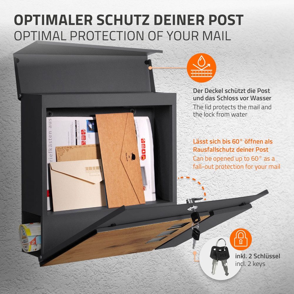 ML-DESIGN Briefkasten Wandbriefkasten Postkasten Design Briefkastenanlage Postbox Mailbox, Standbriefkasten mit Zeitungsfach Schloss und 2 Schlüssel aus Stahl