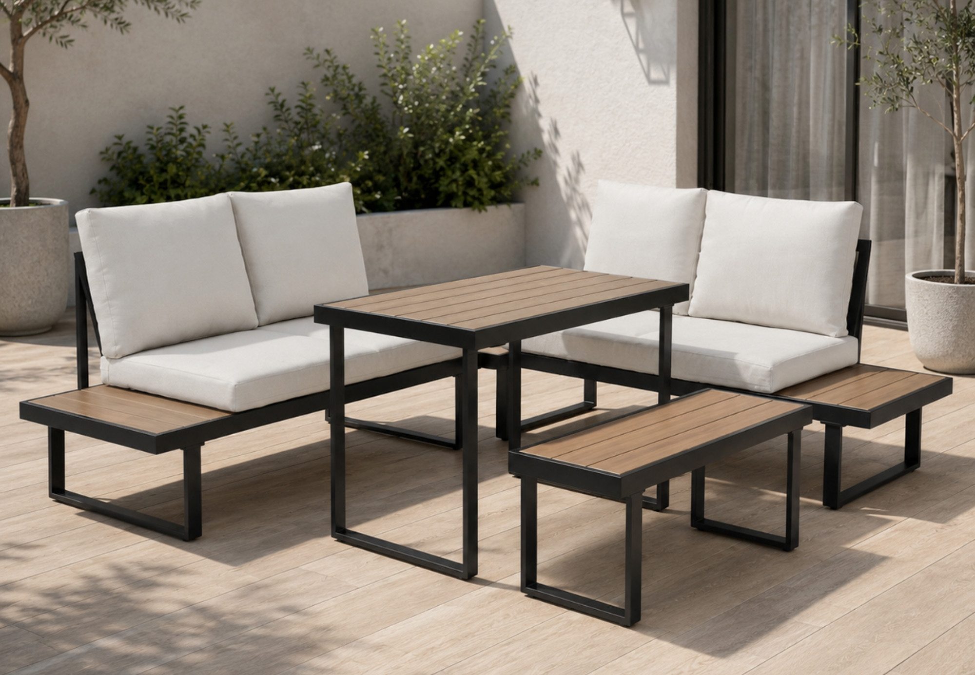 Home Collective Gartenlounge-Set Balkonmöbel Lounge Möbel Outdoor Terrassenmöbel Sitzgruppe mit Tisch, (4-teiliges Set mit Ecksofa, 1 Bank und 1 Tisch 110 cm, inkl. abziehbarer Kissen), robustes Polywood in Eiche/Schwarz, Kissen in beige