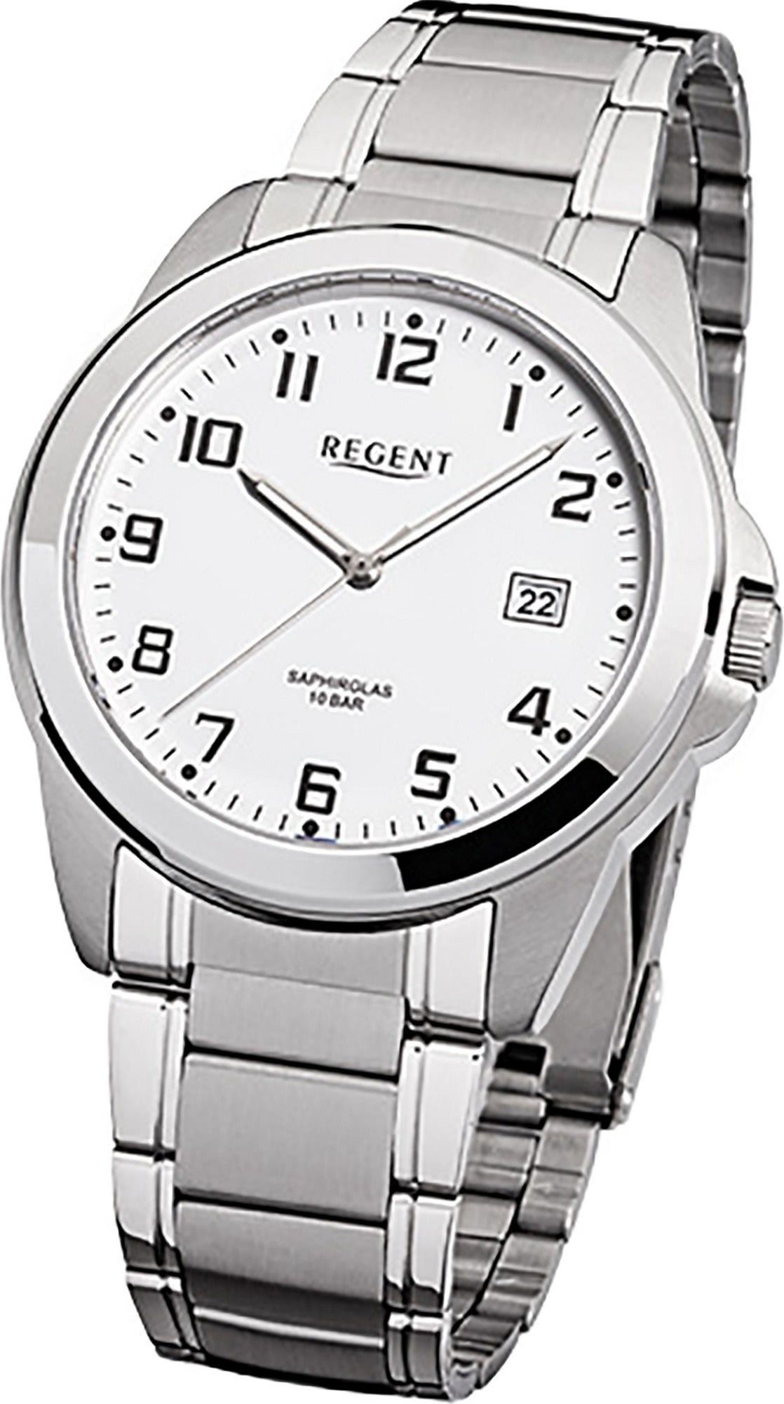 Armbanduhr Regent Quarzuhr mittel rund, Herren-Armbanduhr Regent grau 39mm), Edelstahlarmband (ca. silber Analog, Herren