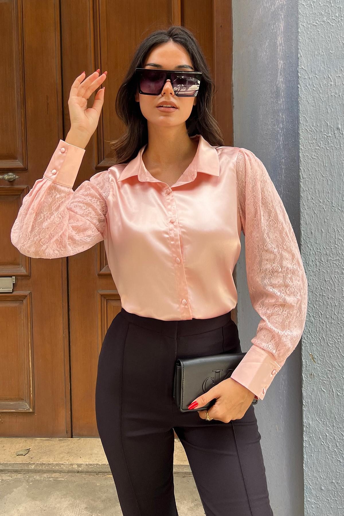 For You Moda Hemdbluse Spitzen-Detail Rose Gold Satin Bluse günstig online kaufen