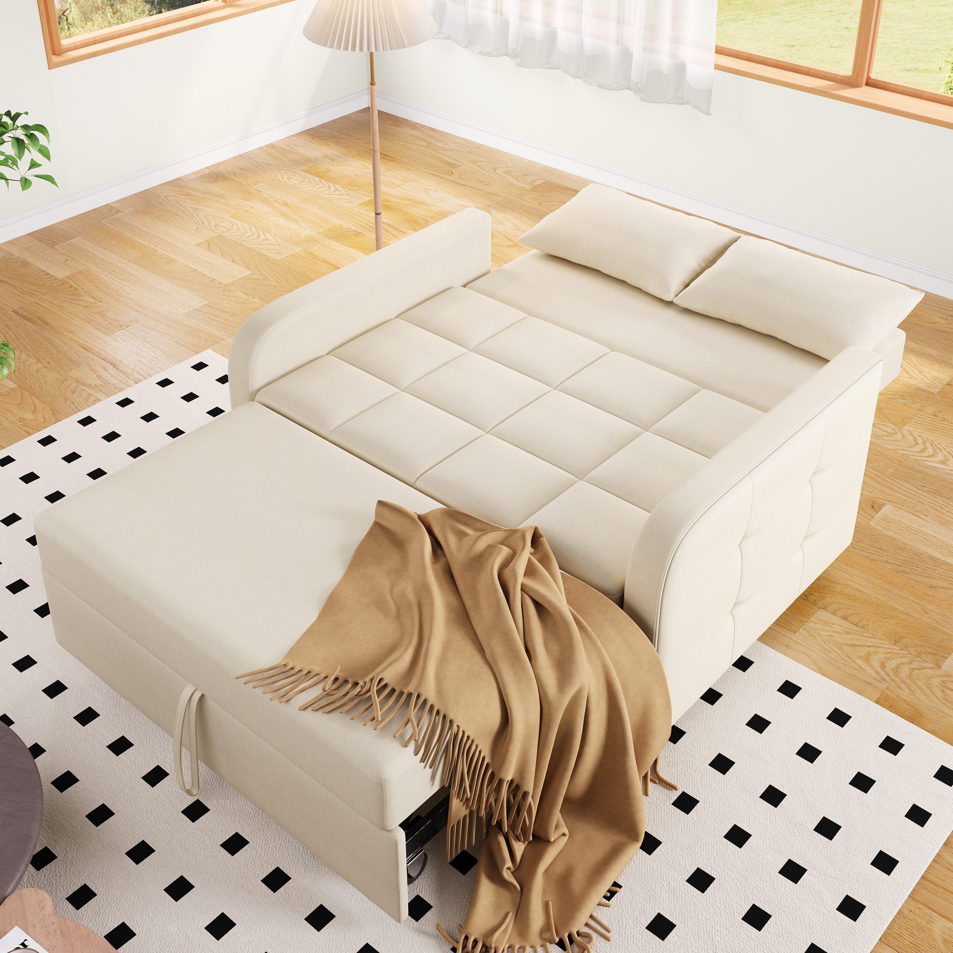 Merax Schlafsofa mit verstellbarer Rückenlehne & Kissen, 127x75x94 cm/127x180x57 cm 1 Teile, Doppel-Klappsofa Multifunktions Polstersofa Sofabett aus Leinen