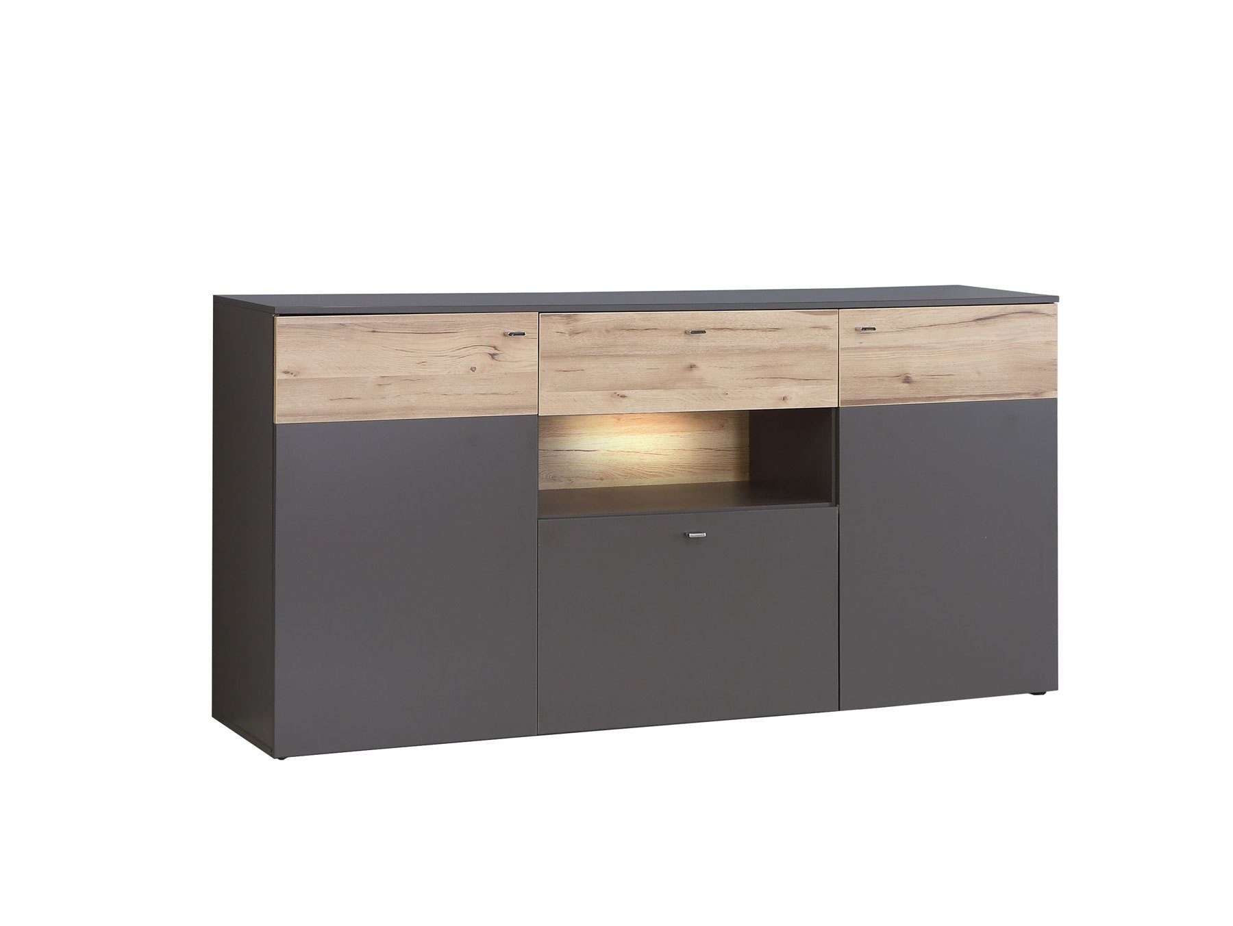 Dekorspanplatte, Moebel-Eins CLARA Material grau/plankeneichefarbig Wohnzimmer-Set, Wohnwand,