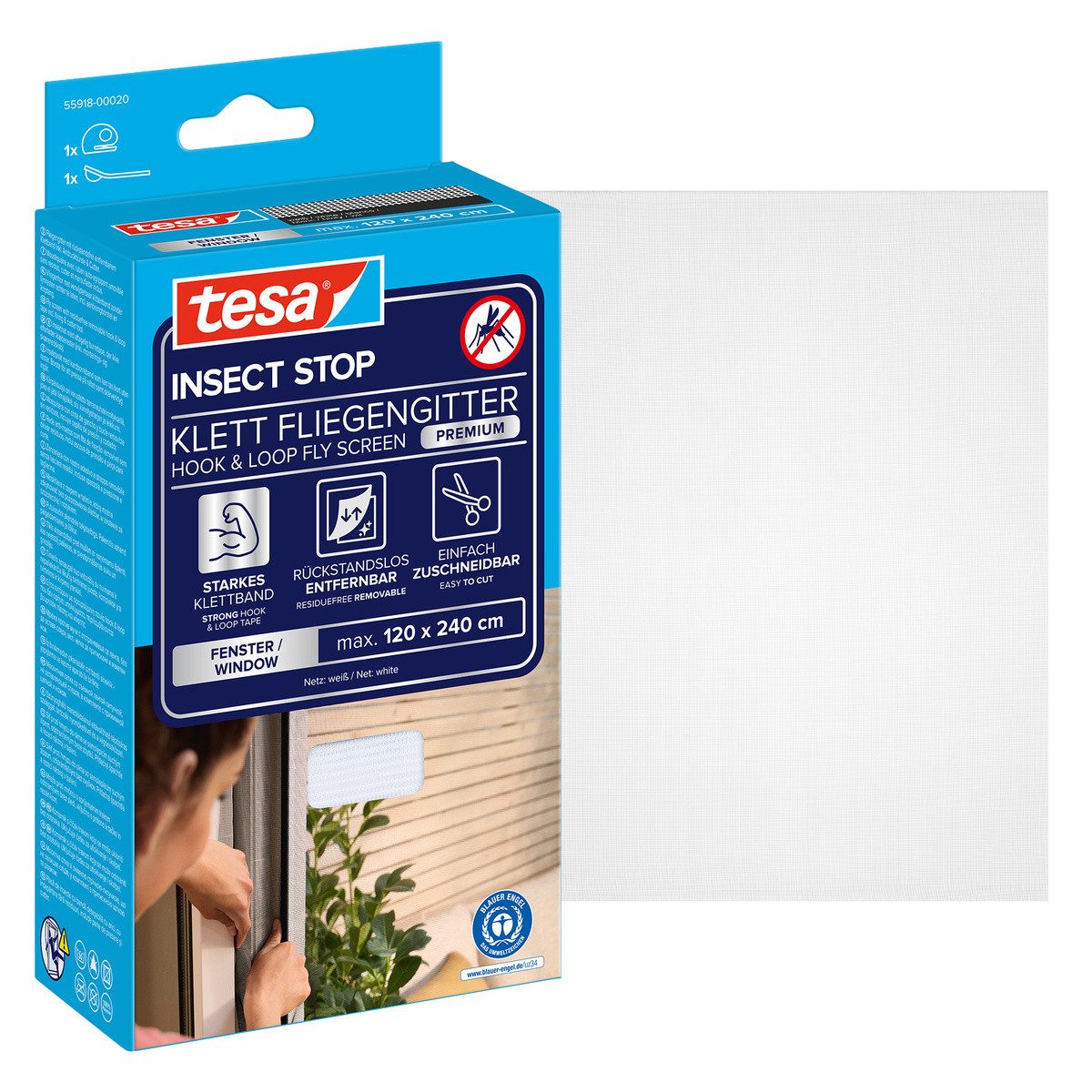 tesa Fliegengitter-Gewebe Premium für Fenster, Insektenschutz mit Klettband - 120 x 240 cm, (Packung, 1-St., Fliegennetz, Klettband, Andrück und Schneidehilfe), Mückenschutz mit starkem Klettband, rückstandsfrei entfernbar