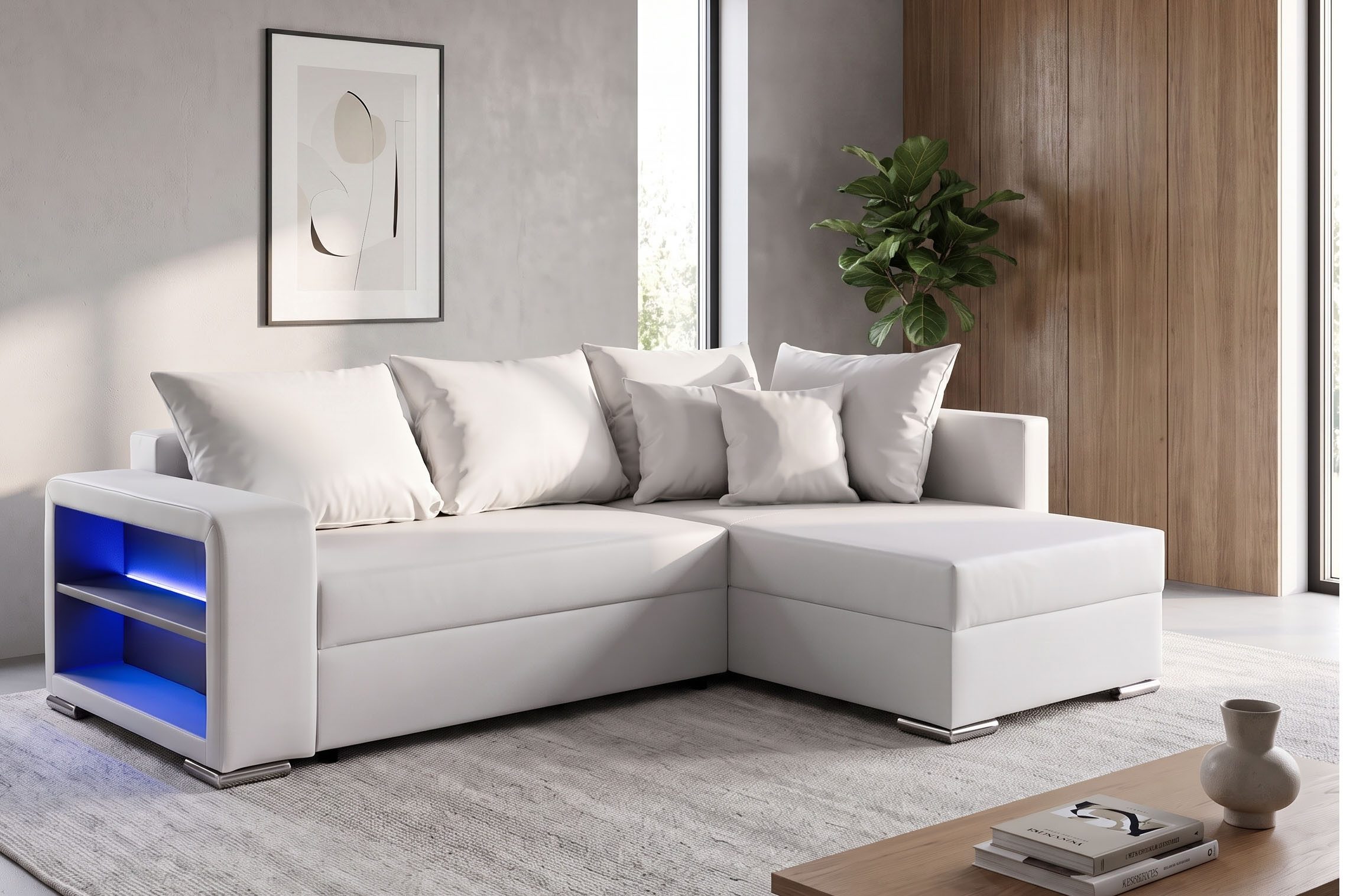 COLLECTION AB Ecksofa John L-Form, B: 226 cm, Schlaffunktion & Bettkasten, Regalelement mit Licht, Couch mit Federkern, 2 Zierkissen
