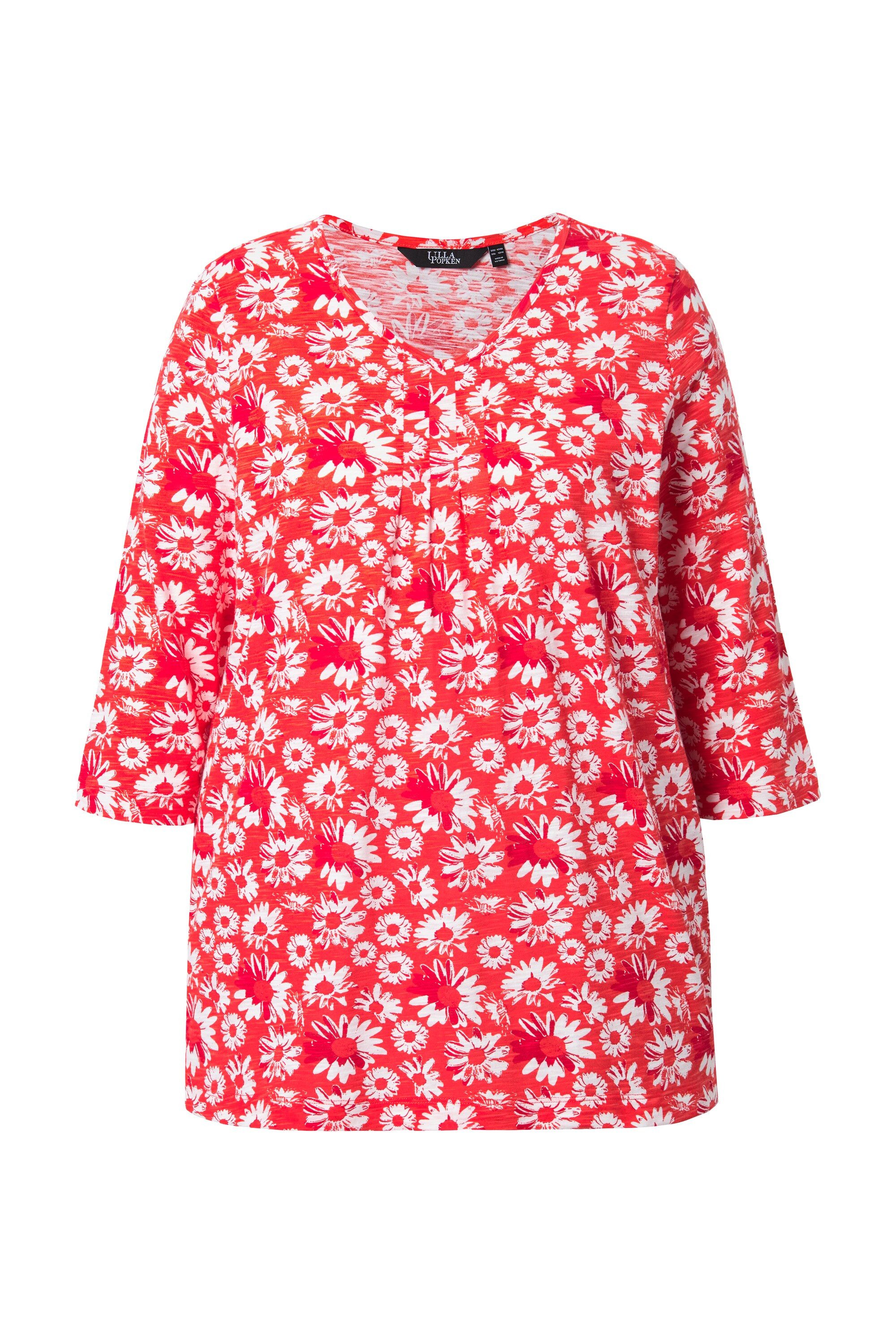 Ulla Popken T-Shirt Shirt Blüten A-Linie Zierfalten V-Ausschnitt günstig online kaufen
