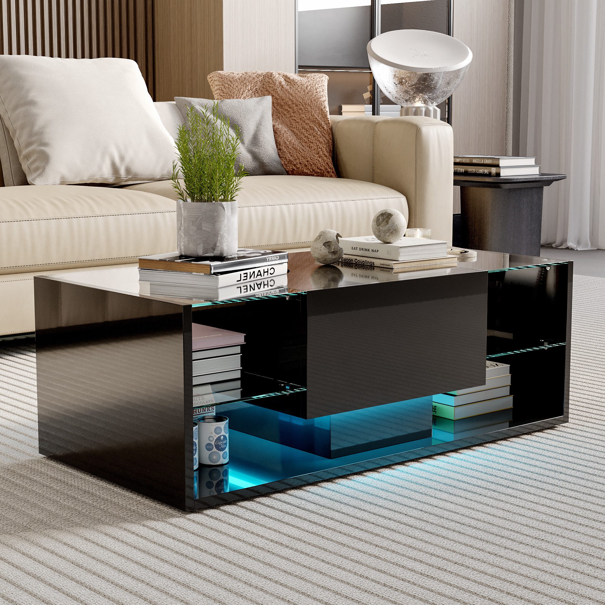 PXloue Couchtisch LED-Couchtisch mit Stauraum und günstig online kaufen
