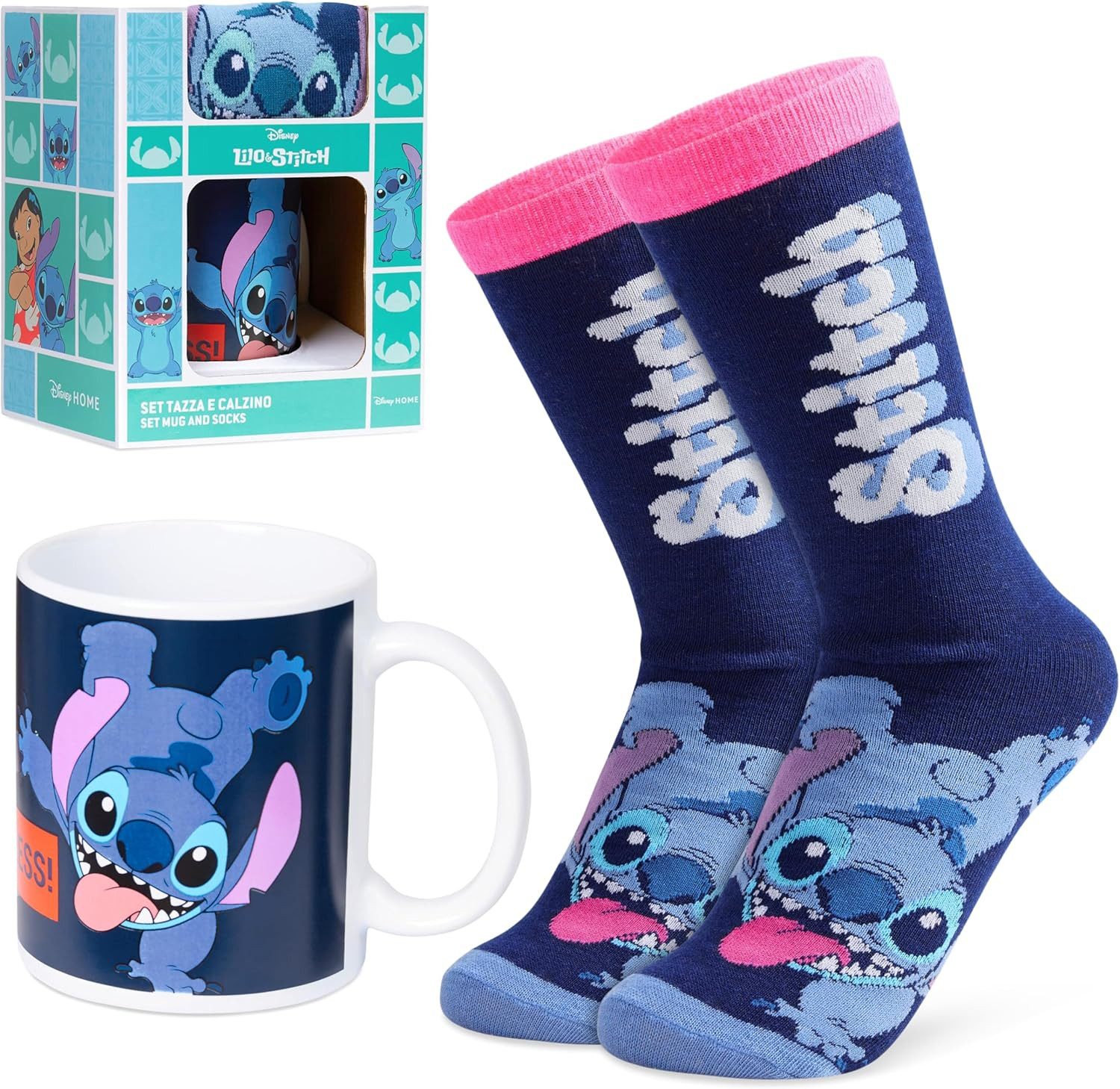 Lilo & Stitch Plüschfigur Disney Stitch Tasse und Socken Geschenk Set (Marine)