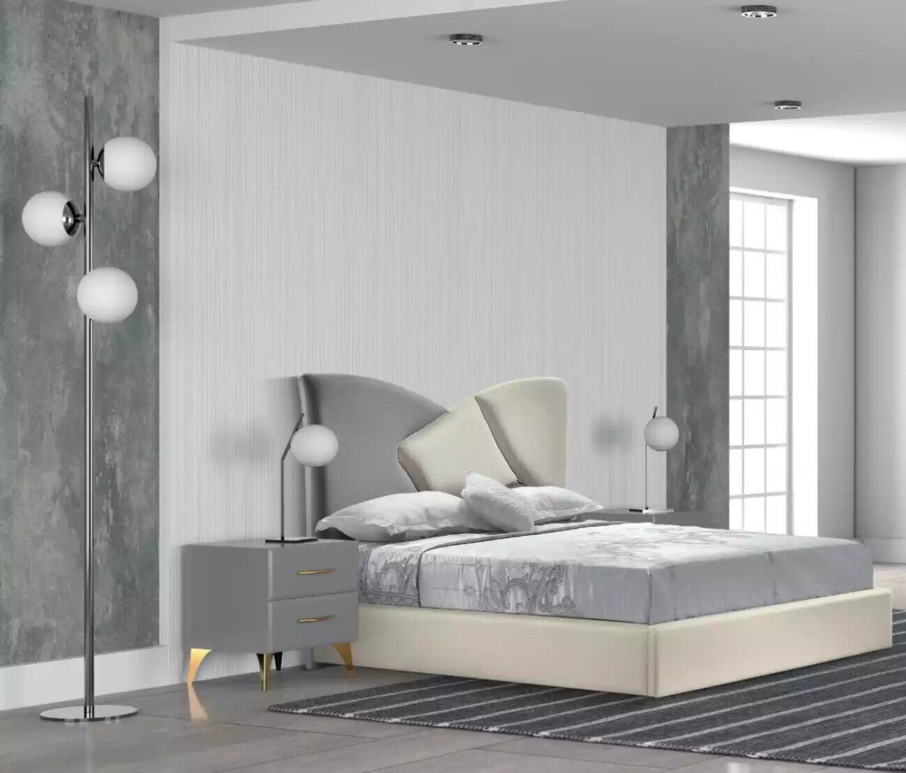 JVmoebel Schlafzimmer-Set Bett 2x Nachttische Neu Luxus Komplettes Schlafzimmer Set neu grau, (Bett, 2x Nachttische), Made in Italy