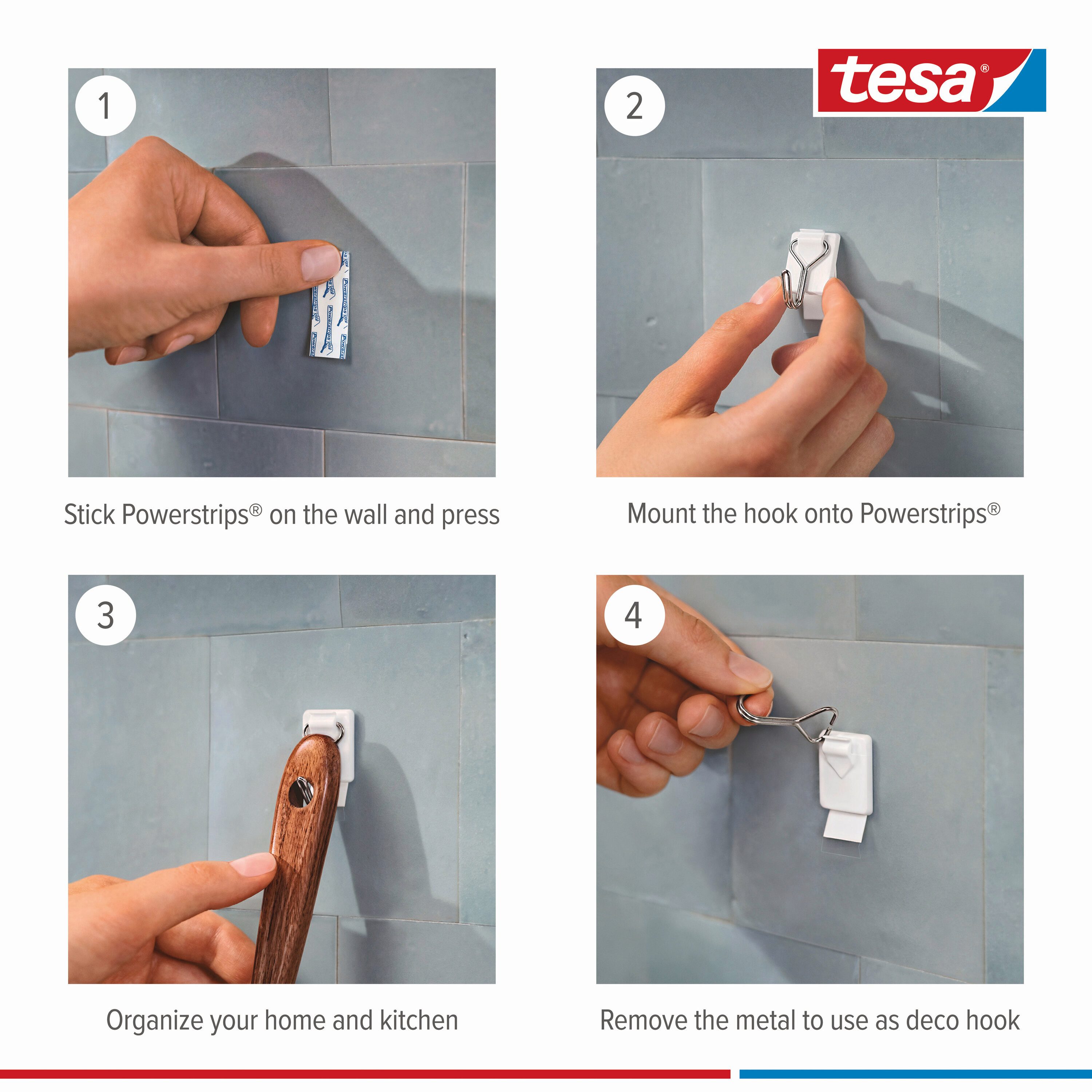 tesa Klebehaken Powerstrips Small - selbstklebende Haken mit abnehmbaren Drahthaken, (Packung, 1-St., Wandhaken mit bis zu 0,5 kg Halt pro Stück, 3 Haken, 4 Powerstrips), ablösbar, wiederverwendbar, transparenter Dekohaken, ohne Bohren