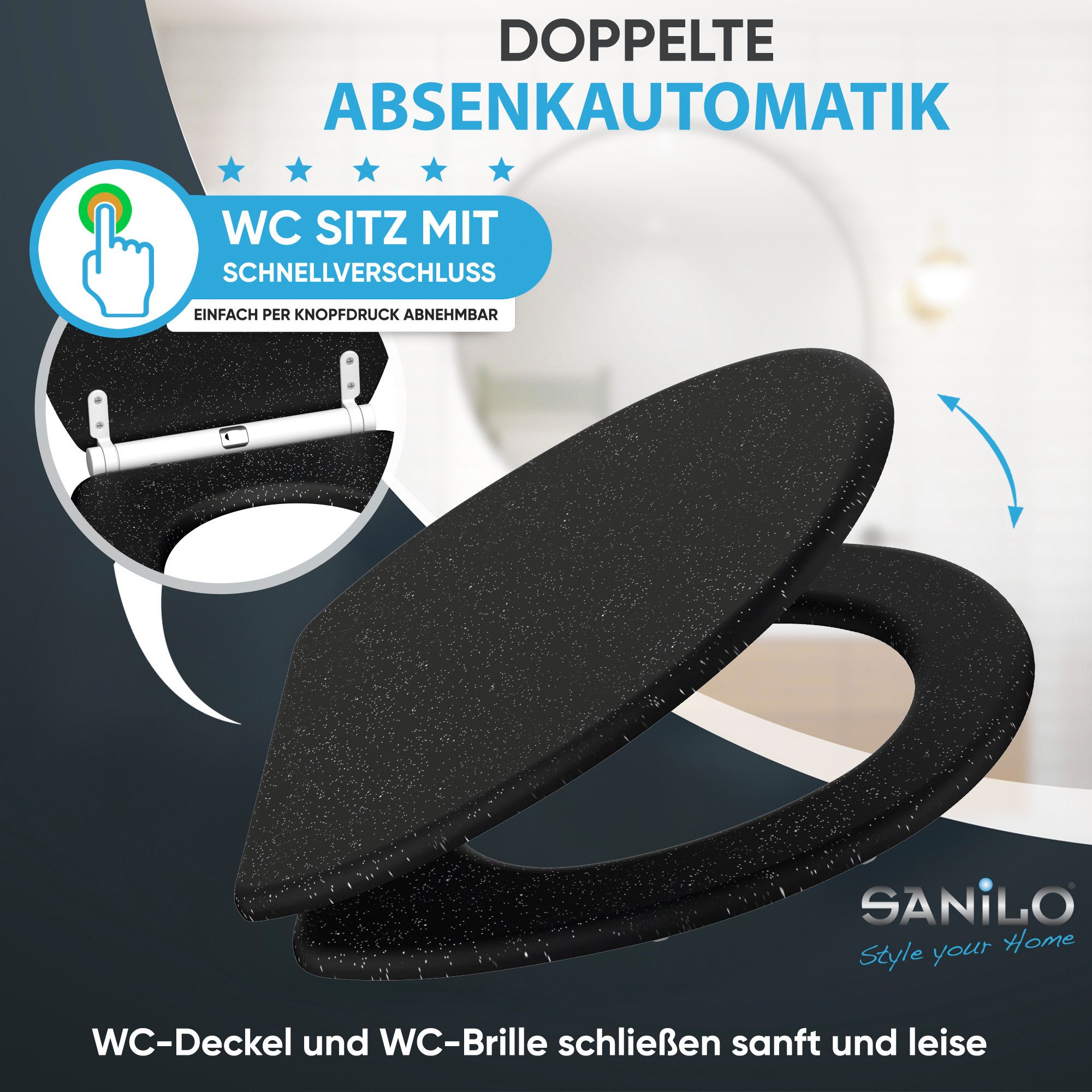 Sanilo WC-Sitz Glitzer mit Absenkautomatik & Quick Release, Premium Toilettendeckel, abnehmbar, leichte Montage von oben
