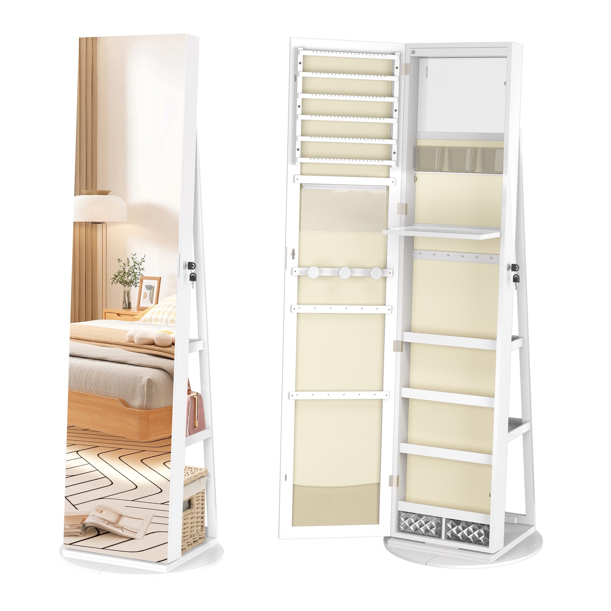FIVMEN Schmuckschrank Spiegelschrank zur Aufhängen Hängend Abschließbar 2 in 1 Drehbare Halterun Wandspiegel und Schmuck Organizer Weiß/Schwarz