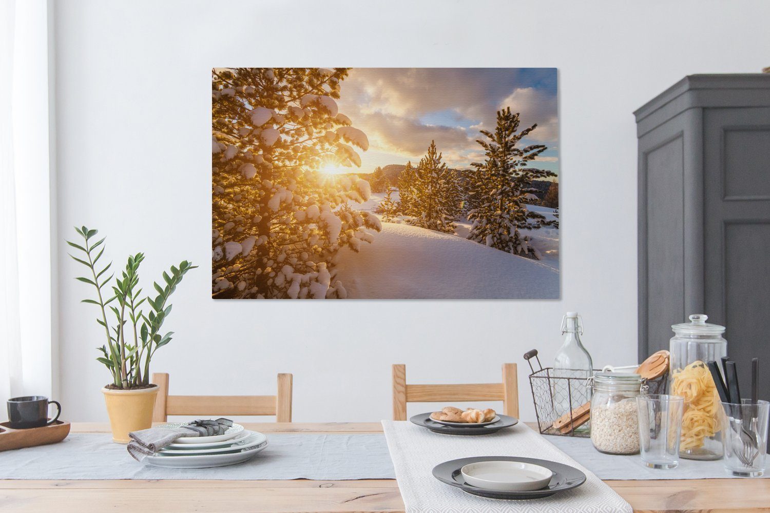 OneMillionCanvasses® Leinwandbild Eine (1 Sonnenuntergang, großes, St), cm XXL, für bei Wohnbereiche, Winterlandschaft Gemälde, alle Wandbild 120x80