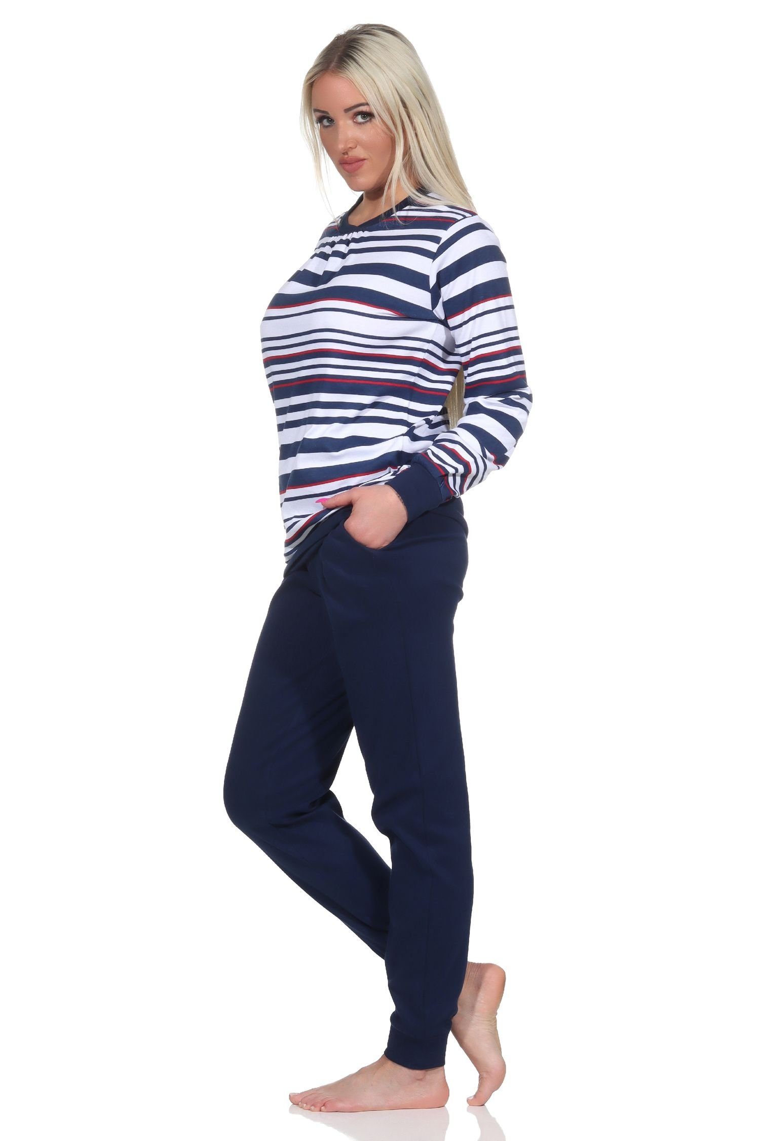 Normann Pyjama in Kuschel maritimer Bündchen Interlock mit Damen marine Optik Schlafanzug