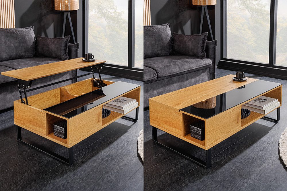 riess-ambiente Couchtisch APARTMENT 110cm natur/schwarz- Eiche, Glas, Stauraum, höhenverstellbar (Einzelartikel, 1-St), verstellbarer Couchtisch mit Kufen-Metallgestell - ideal f. Wohnzimmer