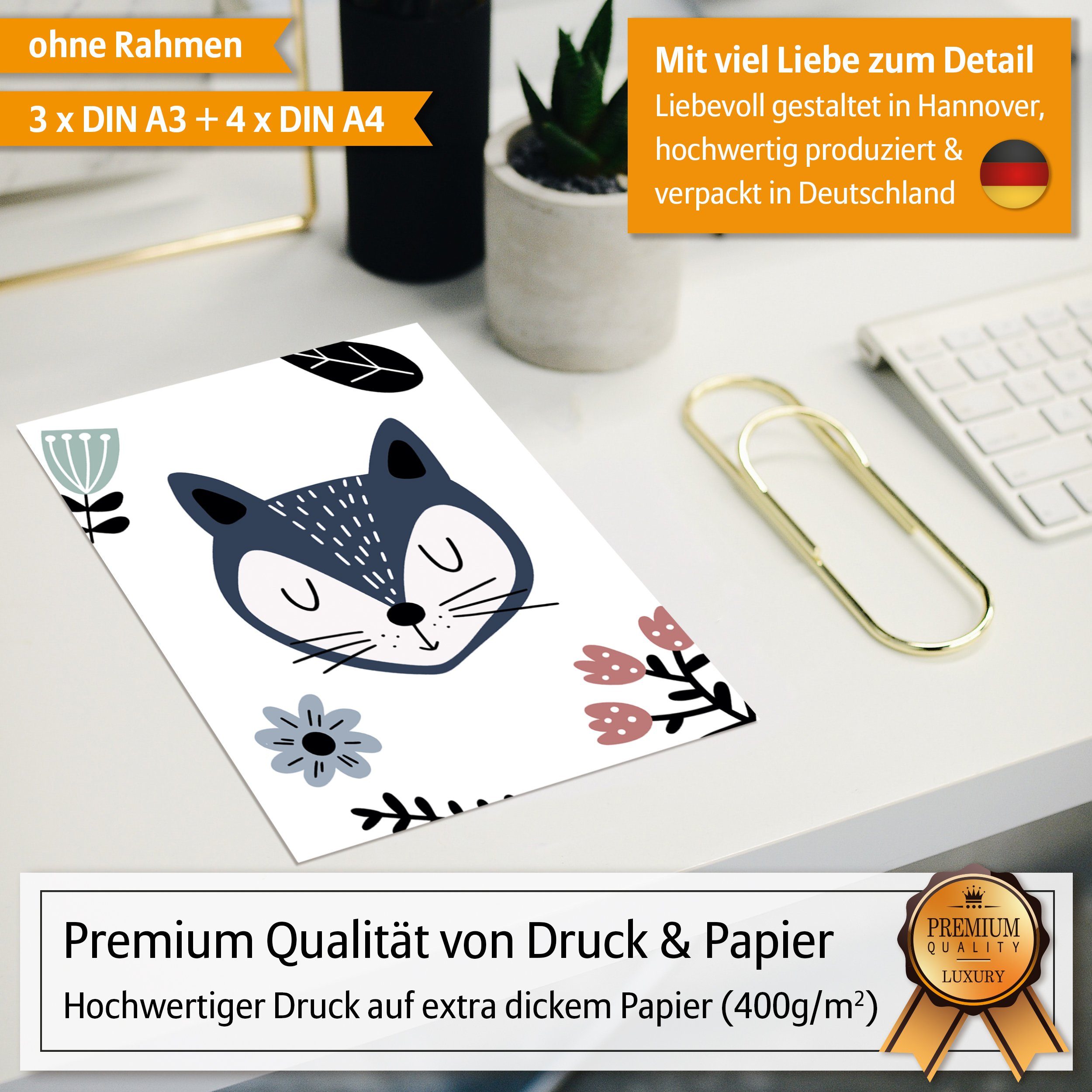 Hyggelig Home Poster Tiergesichter, Premium Poster Set OHNE & MIT Rahmen für Kinderzimmer, Tiere (Set, 7 St), Collage Fuchs & Eule, Qualitätsdruck dickes Papier