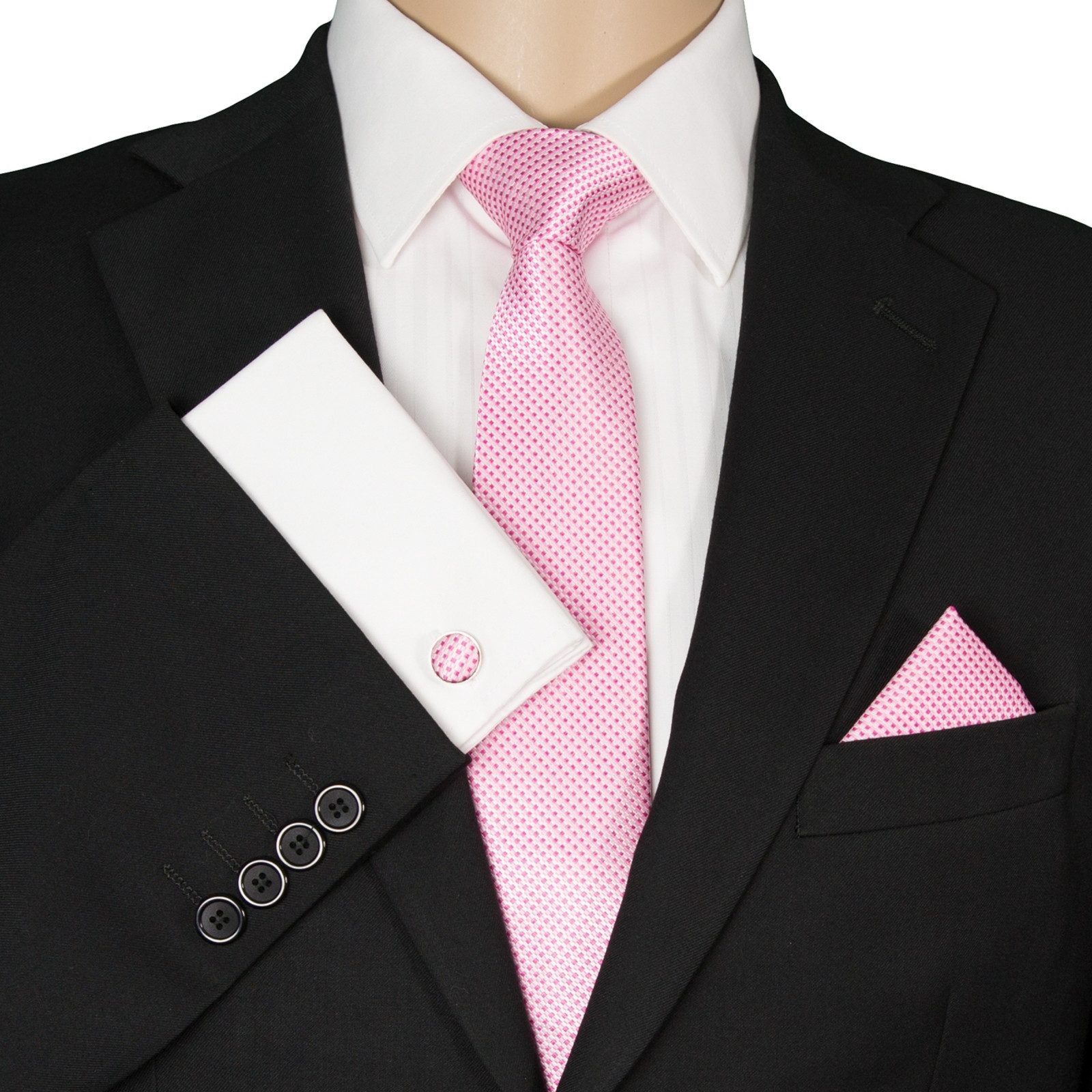 GASSANI Krawatte Karo Hochzeitskrawatte Tuch Festlich Schmal, Herren-Schlips Business (Set, 3-St., Manschettenknöpfe, Krawattenset, mit Einstecktuch) Kariert, Gepunktet, Punkte, Dots, Tupfen, Grid Struktur, Seide-Touch